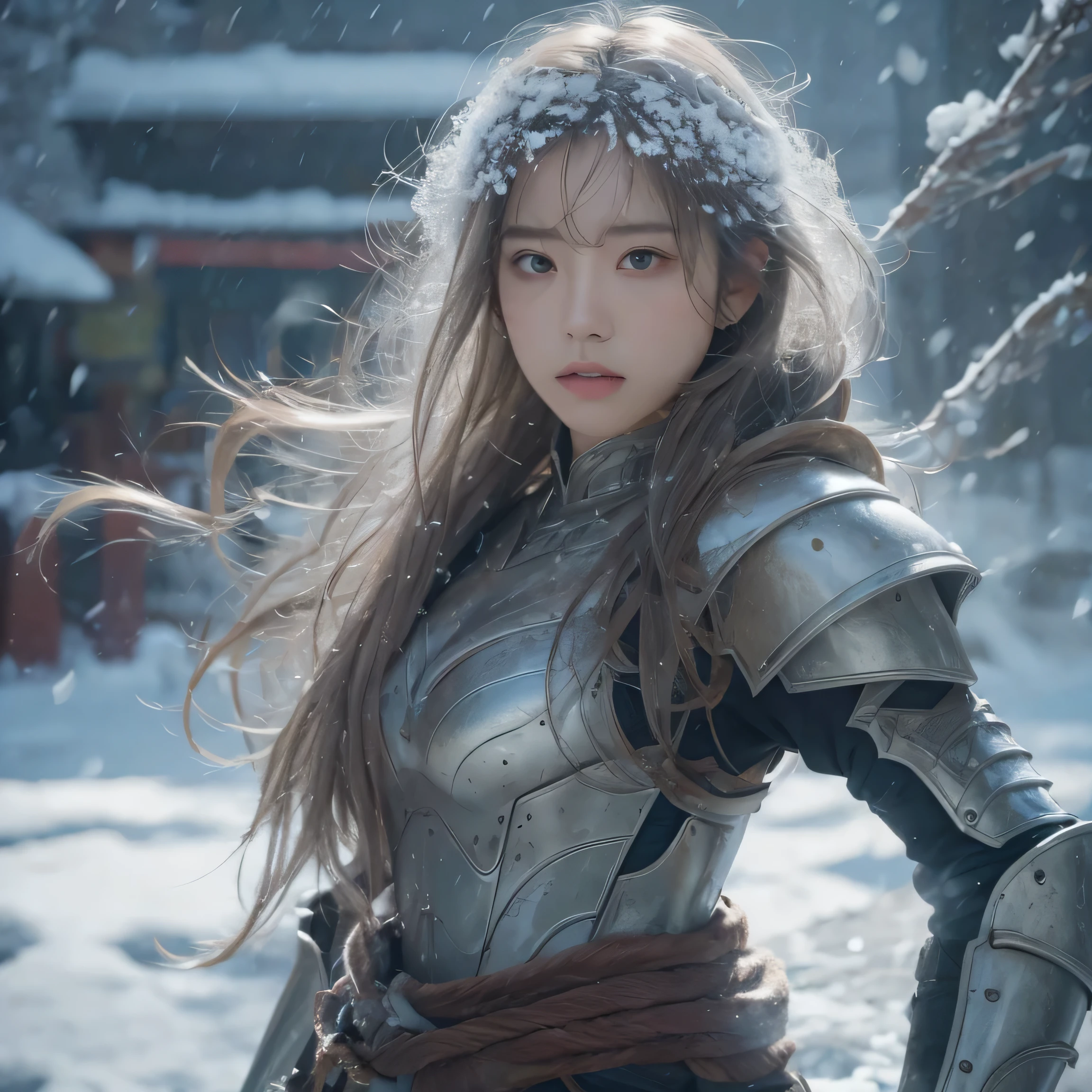 (table top), (best quality), photorealism, realistic, (1 Korean Girl), alone, Battle in bra-shaped armor、that&#39;It&#39;s snowing so I&#39;m going in, a little sneer, Looking straight with sad eyes, Leave space on the left, 