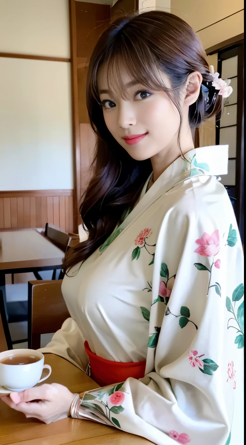 shrine、Colorful kimono、open chest、I&#39;m not wearing anything inside、full body shot、NiziUAYAKA、 ４Ｋ、１people&#39;s women、slender、 Loose wavy styling 、seductive and attractive、Including face and skin texture.，detailed eyes、A soothing expression with a smile