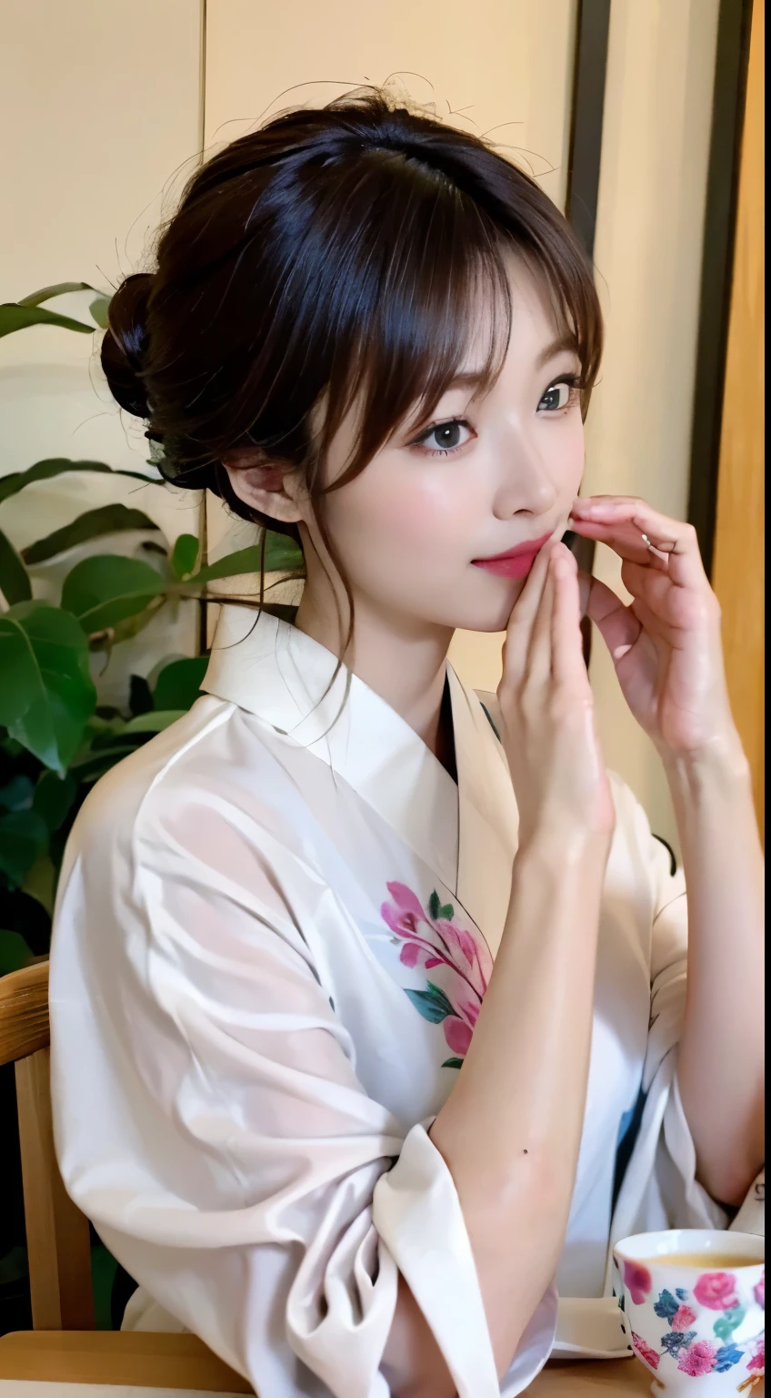 (((A beautiful woman wearing a long-sleeved kimono and drinking tea with a teacup in both hands at a teahouse at a shrine))),(((A gravure idol who looks good in Japanese clothes is sitting on a chair at a coffee shop..))),(((table top:1.6))),(((Ulzzang-6500))),(((perfect anatomy:1.6))),(((Deep depth of field with Hasselblad))),(((sexy waist))),masterpiece,highest quality,Super high resolution,high detailed portrait,(photo-realistic:1.4),(((A tall nose and a beautiful face))),(((long limbs like a model))),The fair-skinned nape of the neck is dazzling,(((Wear formal Japanese clothing that shows off your body line beautifully.))),Raise your chin and drink tea,((Full body shooting from the side)),cute 20 year old, Her long glossy chestnut hair is tied up and the nape of her neck is sexy..,((Proud F cup breasts )),(can'my waistline is not enough),(famous popular japanese actress),(look over your shoulder、Smile by raising the corners of your mouth and eyebrows),detailed eye,((wood々Gravure photo shoot at an elegant shrine with lush greenery)),((long eyelashes,Big eyes,Clear double eyelids,((glossy thick lips)),(((perfect anatomy:1.4))),