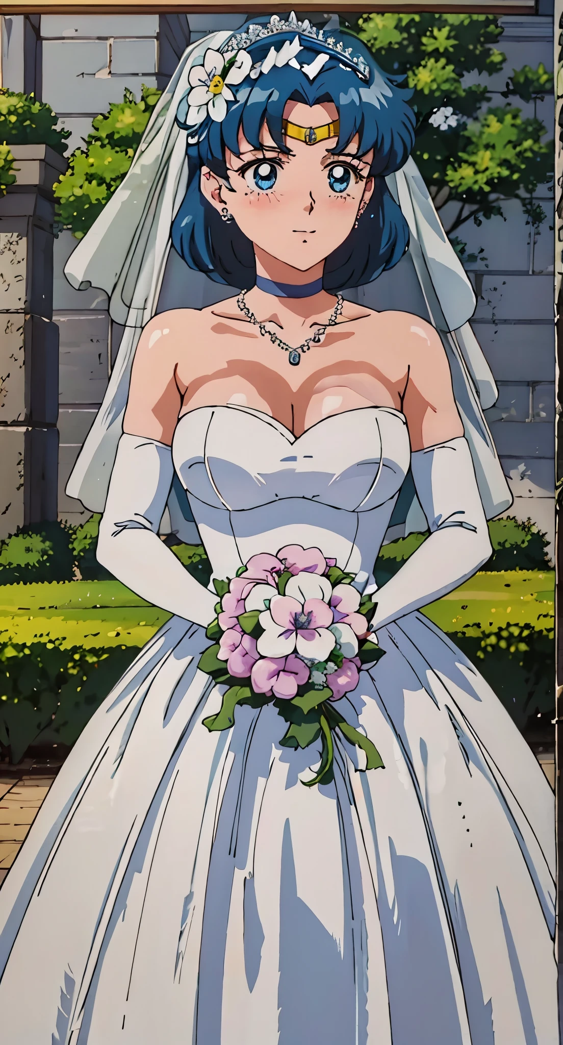 masterpiece， best quality， high resolution， identical,sailor mercury,amimizuno,mer1,tiara,
1 girl, 20 years old,young women,Close-up of beautiful bride wearing beautiful bridal dress,Guwitz,（Transparent short veil：1.5），Blushed，Head flower，headgear，（bandeau wedding dress：1.5），（Silk dress：1.2）,（Strapless wedding dress：1.5）,pure white dress，necklace，earrings，(large breasts:1.3)，Deep V peach heart collar wedding dress，through bangs，lipstick，（lace gloves：1.3),