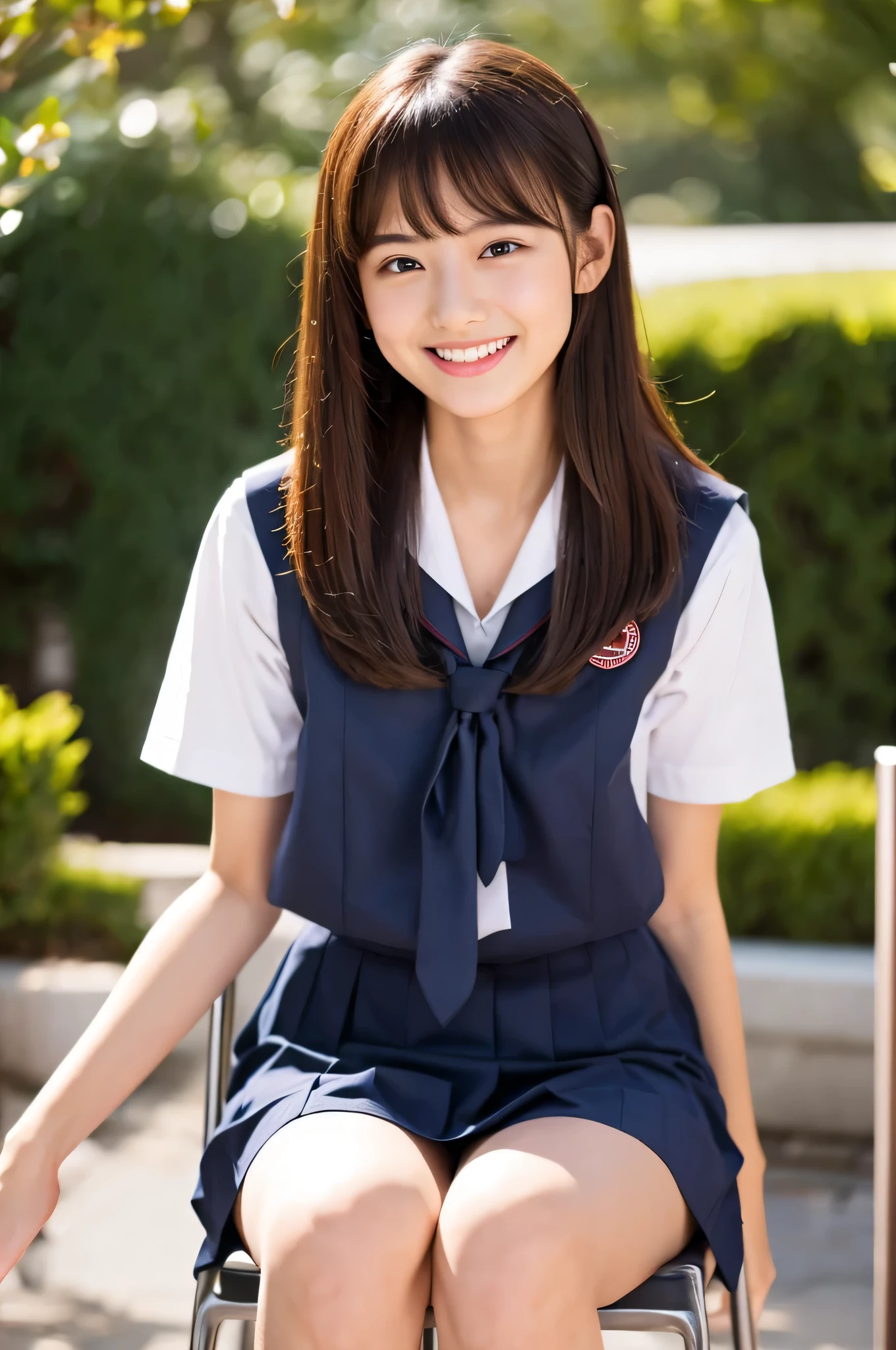 mature woman , highest quality, hire, detailed face ,school uniform ,sailor suit,short sleeve shirt,sitting,straddle the chair, giggle,Japanese,high school,whole body