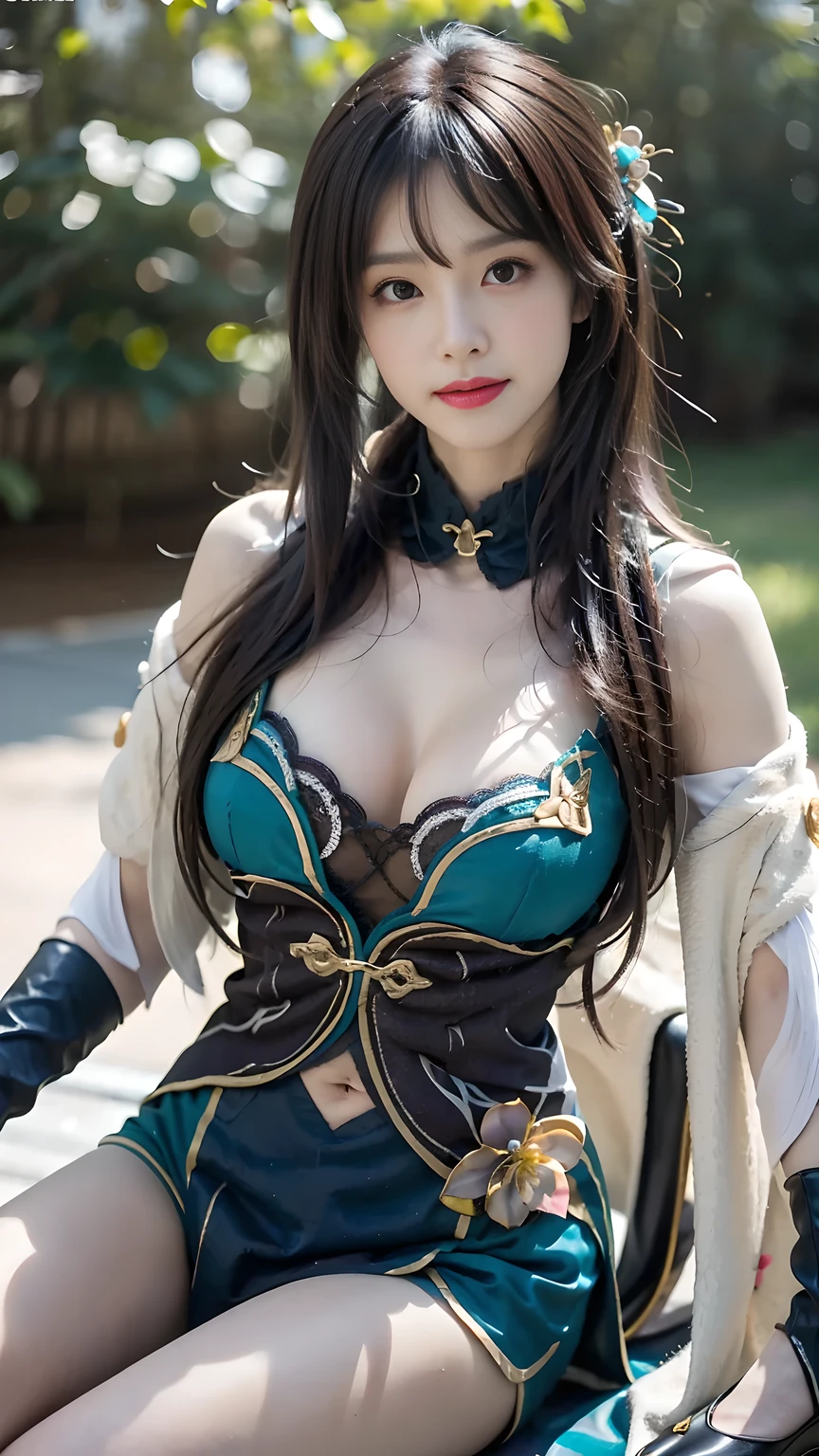 best quality, natural lighting, masterpiece, 1 girl, perfect beautiful face, (photo photo:1.3), edge lighting, photography lighting, (high detail skin:1.2), 8k ultra hd, DSLR, high quality, high resolution, white skin, detailed textured skin, 3/4 body in frame, sexy posing, cute smile face, close-lip, perfect propotion face, symetric face, eye level shot, 4k, 8k, bokeh, absurd, best ratio four fingers and one thumb, (realistic:1.3), beautiful detailed girl, cute 1girl, dark purple hair, long hair, bangs, volume hairs, collosal-breast, full looking breast, projecting breast, slim waist, slender, small thighs, perfectly proportion, outdoor background, detailed background, trees, clouds, RUANMEI COSPLAY COSTUME, CHINA DRESS, CHINESE CLOTHES, COSPLAY, RUANMEI, DRESS, GLOVES, ELBOW GLOVES, HAIR ORNAMENT, JEWELRY, HIGH HEELS