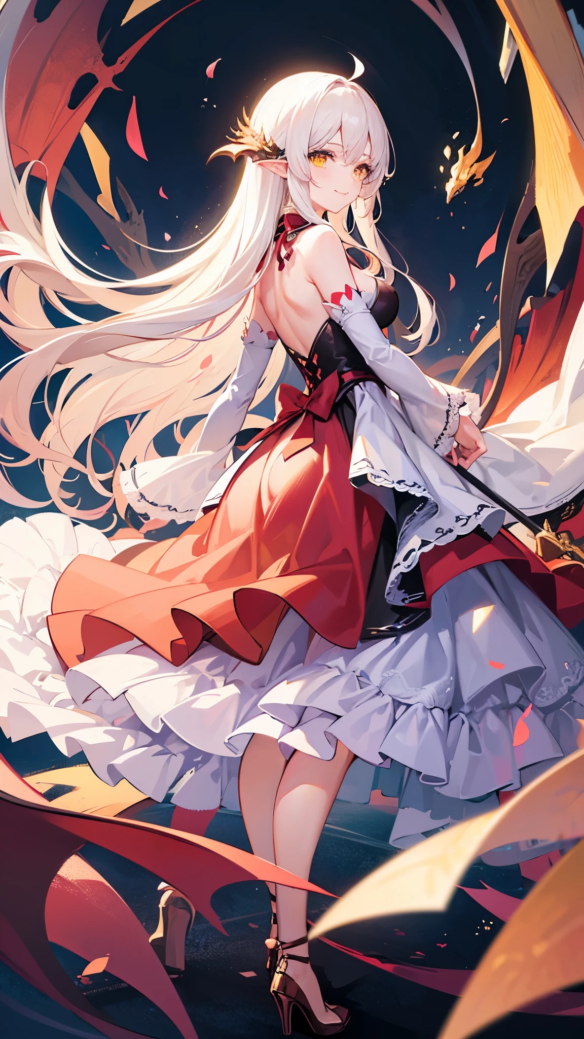 Very delicate and beautiful CG illustrations, best quality, high resolution, Dynamic angle, Full length shot, (1 girl), A beautiful half-human, half-dragon girl with yellow eyes and long, straight white hair.., float, soft light, High-key backlighting) Posing, looking back with a smile