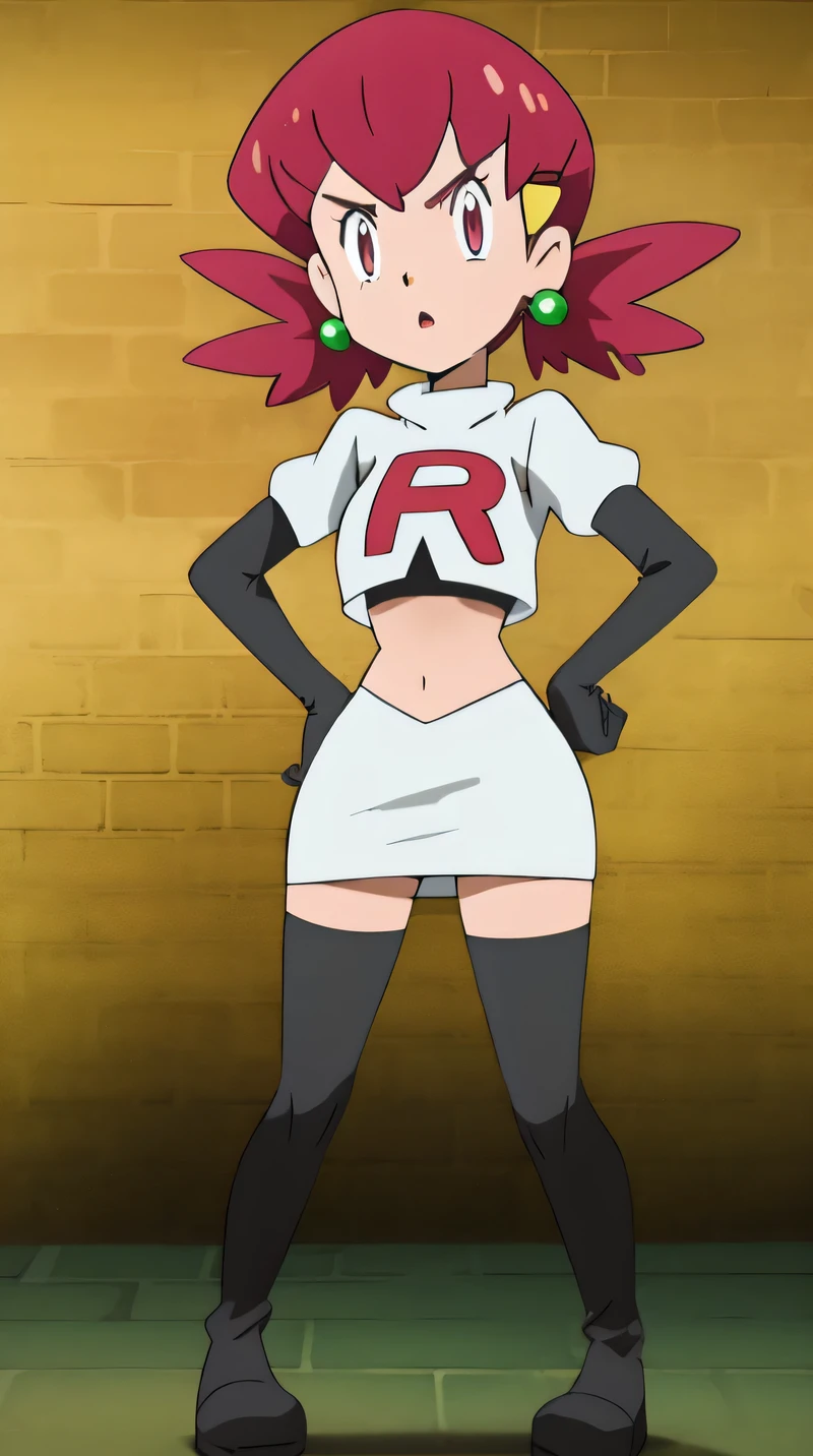 defwhitney, hair ornament ,glossy lips, earings,masterpiece, best quality, highres,team rocket uniform, red letter r, white skirt, white crop top, black thigh-high boots, black elbow gloves, glaring angrily, looking down at viewer, hands on hips, full body seen, zettai ryouiki