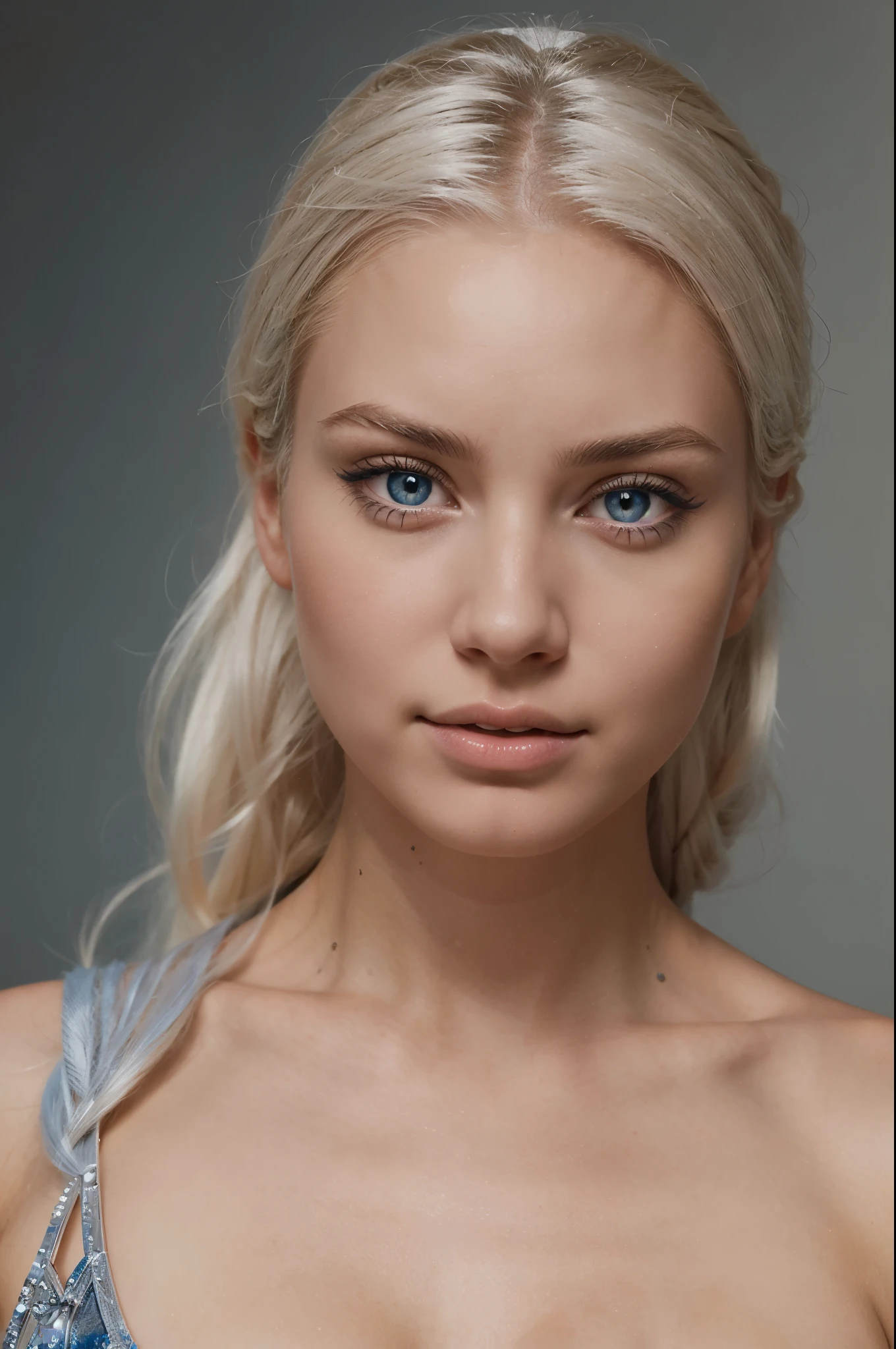  23-year-old Swedish model graces headshots highlighting her striking resemblance to Disney's Elsa, capture clean, close-up shots that showcase her blue eyes, platinum blonde hair, and fair skin tone. 