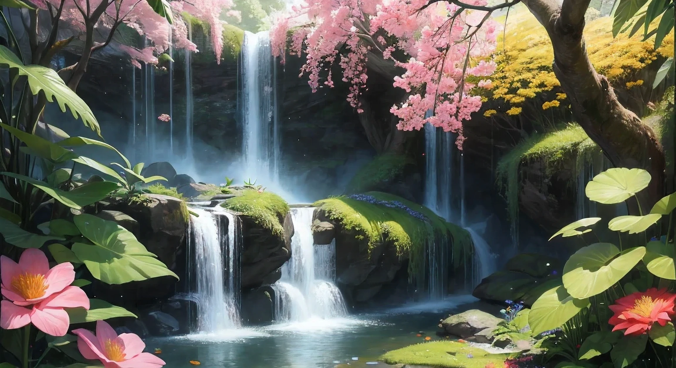 il y a une cascade au milieu d&#39;une forêt avec des fleurs roses, belle cascade paisible, bel art uhd 4k, Belle peinture numérique, fleurs et cascades, Peinture numérique en résolution 8k, Peinture numérique résolution 8 k, Anime Nature, cascades de roses, Ross Tran. fond scénique, fond d&#39;écran nature animé, Peinture détaillée 4 K, Peinture numérique 4K