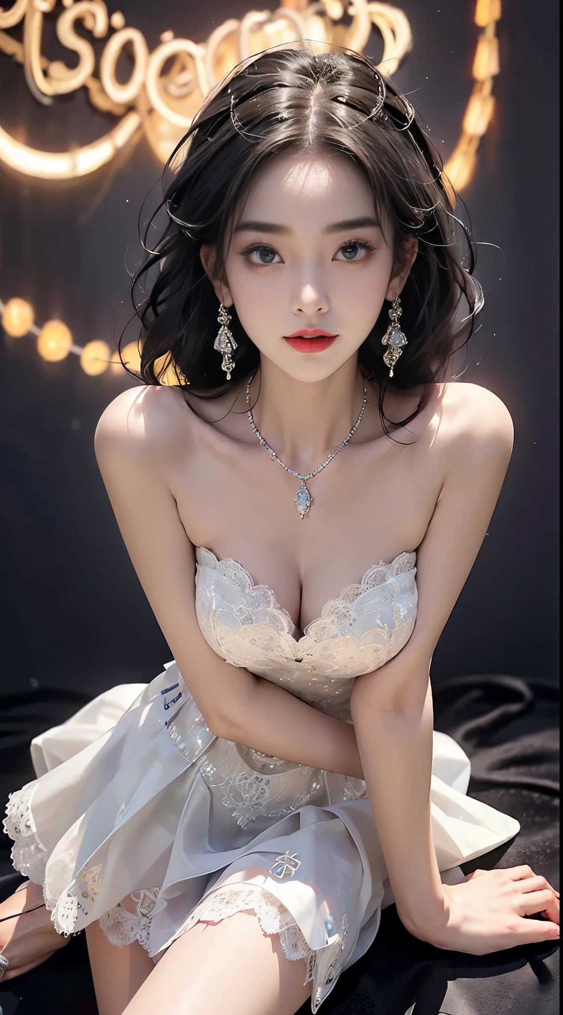 Sweet girl clothes4,strapless dress,jewelry, ((knee shot)), 8k, masterpiece, original photo, best quality, detail:1.2), ((Shoot at random angles)), lifelike, Extremely detailed CG unified 8k wallpapers, depth of field, film light, lens flare, Ray tracing, (extremely beautiful face, beautiful lips, beautiful eyes), intricate detail face, ((ultra detailed skin)) 1 girl, in the darkness, deep shadow, Beautiful Korean girl, kpop idol,(Very slim and slender figure:1.3), A plump chest, (bright smile), (City night, (neon sign), (night), Beautiful Korean girl, white diamond earrings, Diameter bracelet, Dia necklace, pantyhose, clear eyes, walk, (big eyes), ((Lace's))