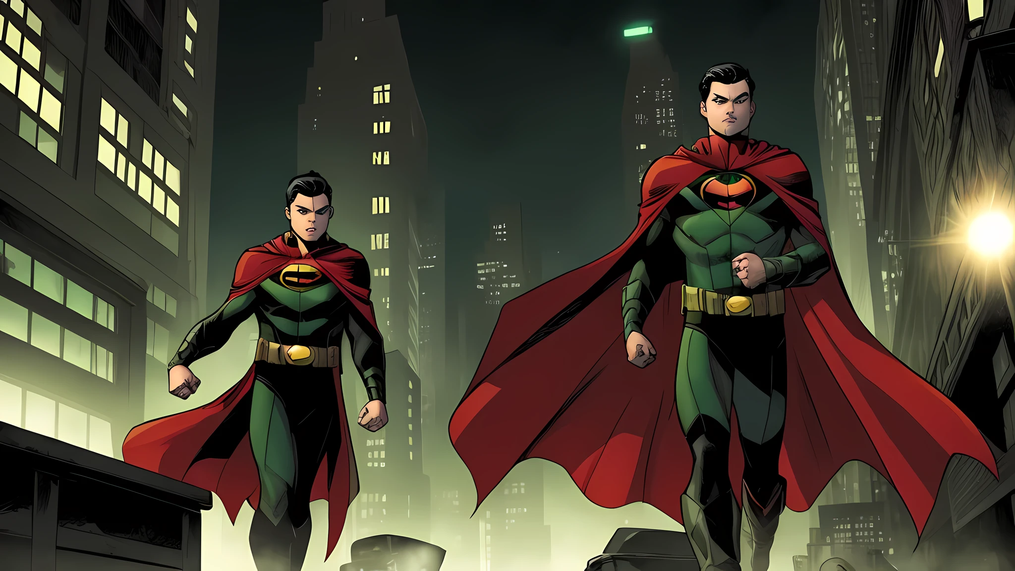 super hero wearing red green and black hero costume, son of batman, damian wayne walking in gotham city