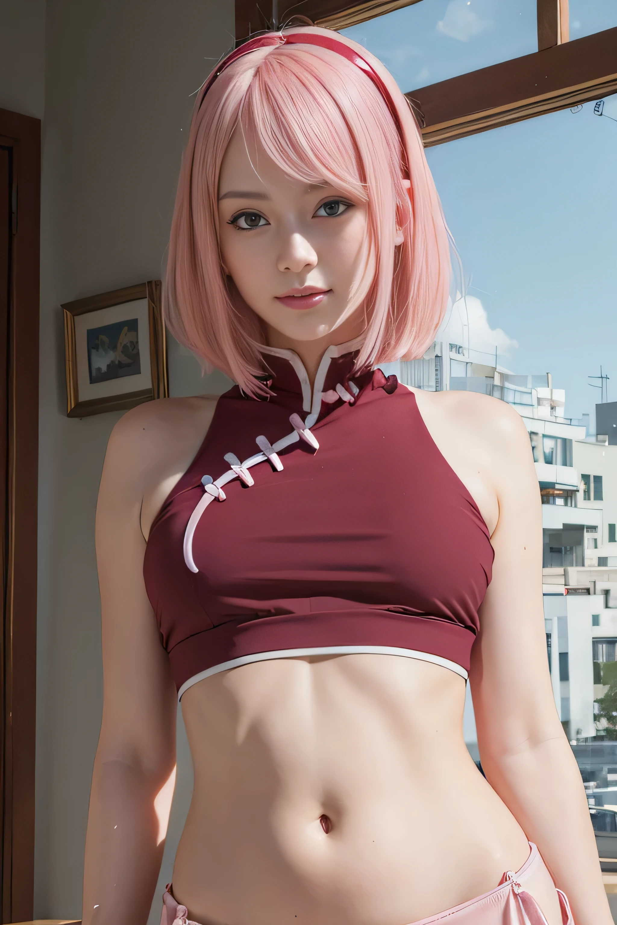 masterpiece, best quality, (realistic,photo-realistic:1.4), (RAW photo:1.2), extremely detailed CG unity 8k wallpaper, delicate and beautiful, amazing,finely detail, official art, absurdres, incredibly absurdres, huge filesize, ultra-detailed,extremely detailed eyes and face,light on face,haruno sakura,(little smile:1.2),green eyes(pink hair:1.4),short hair,(wearing crop top:1.4),(office background:1.4),(red hairband:1.3)