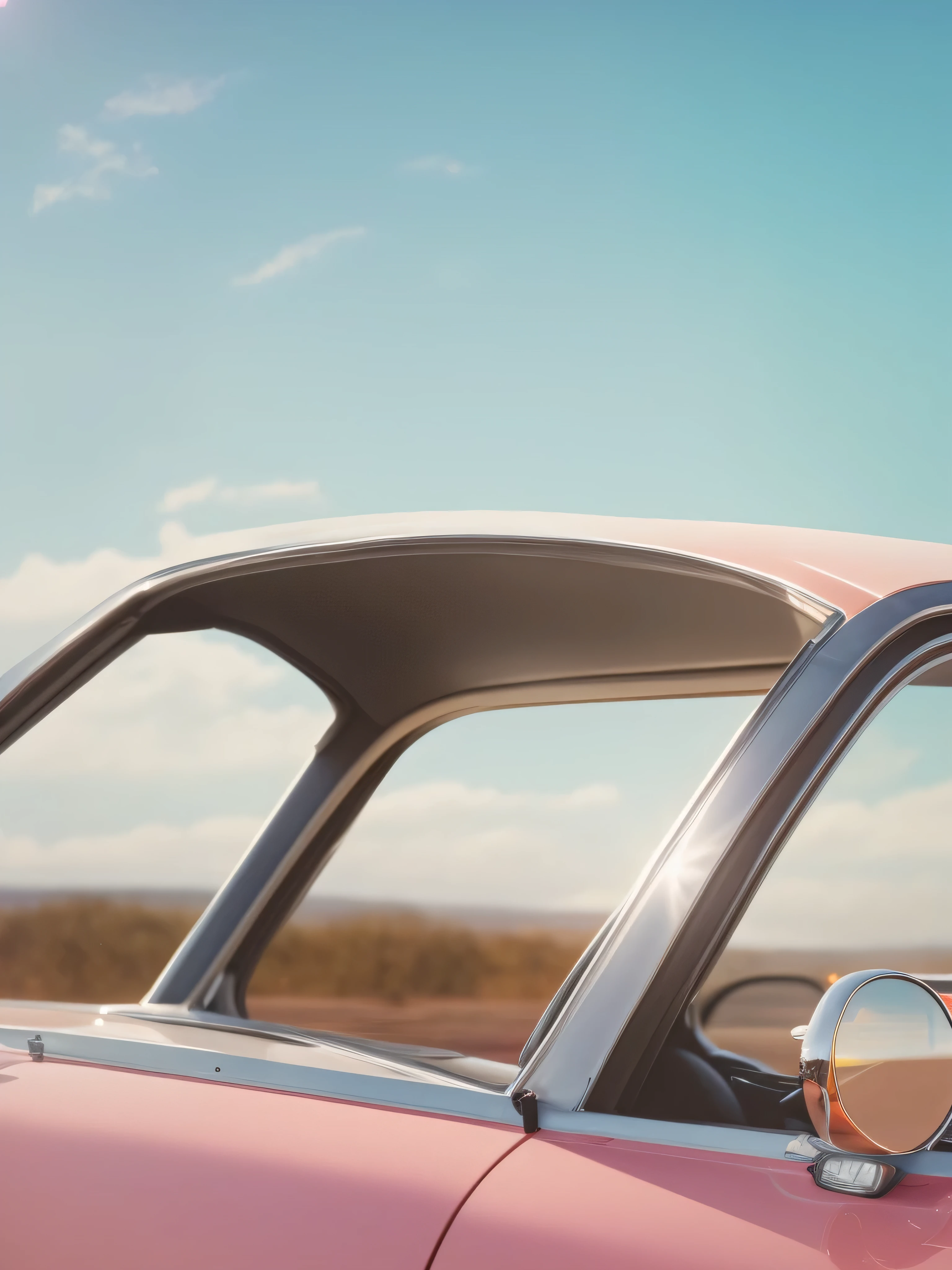 There was a man sitting in the car，There&#39;A dog sitting on the passenger seat, 1 9 7 0 s Car window close-up, detail, Perfect refreshing sunshine, Art style of Philip Hodas, top-down perspective, The sun shines on the car, 逼真的details, inspired by Filip Hodas, Super detailed images, 逼真的detail