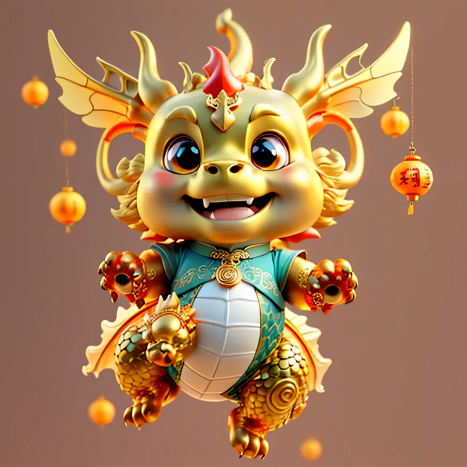 Chinese dragon，The background is casual，Delicate picture quality，HD，happy expression，golden dragon baby，flying in the air