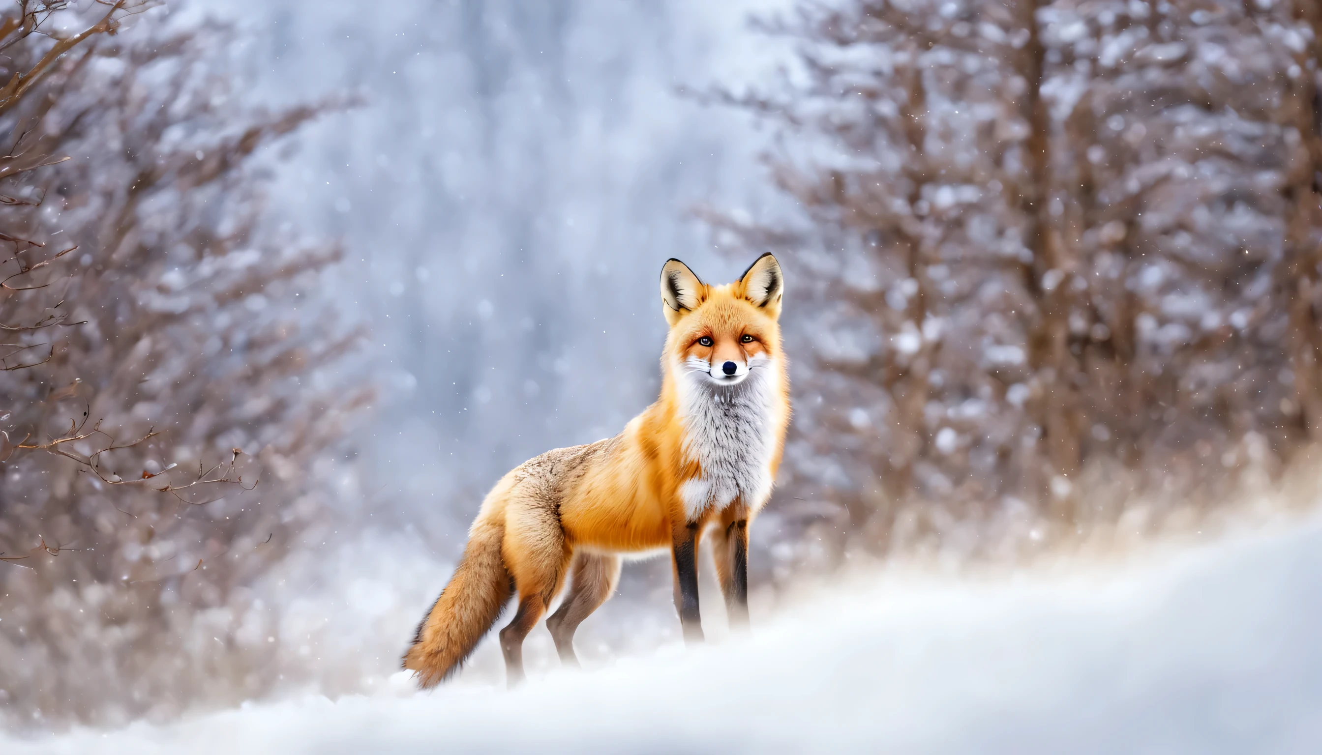 snow mountain、tall tree々々、Northern fox、The fox turns around and looks at the viewer.、fluffy fox、fox footprints、Immaculate world、highest quality、ultra high resolution、masterpiece、background blur,Fade out beautifully