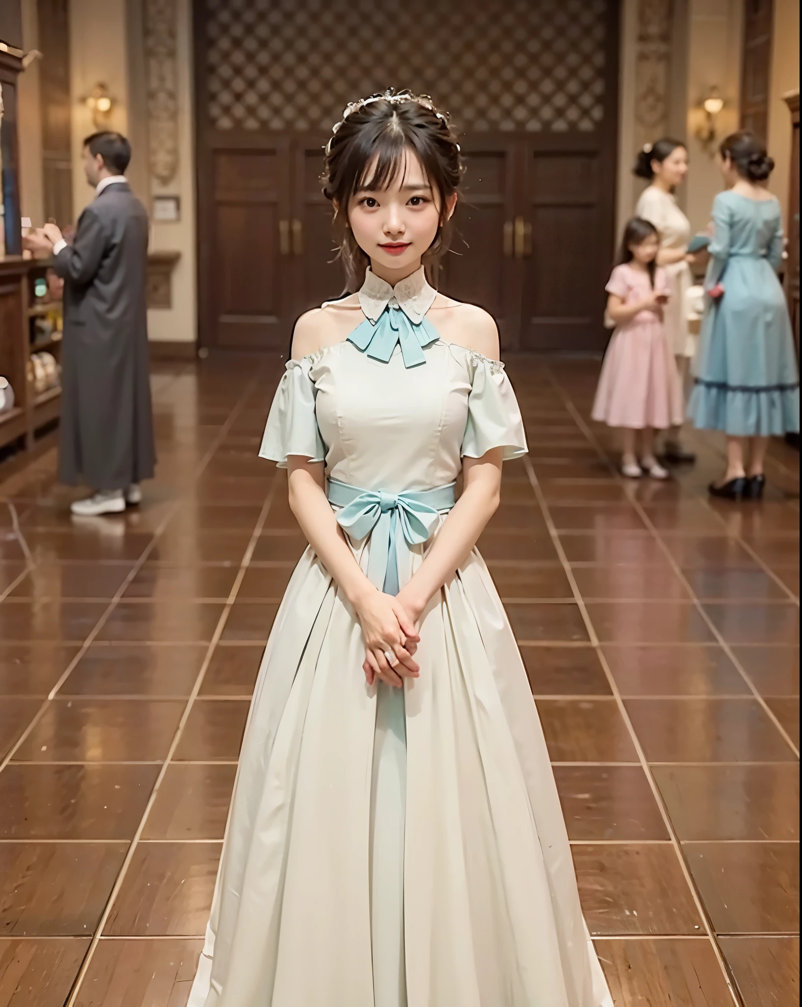 Miyo saimori, black hair, female, my happy marriage, light blue dress, friendly smile