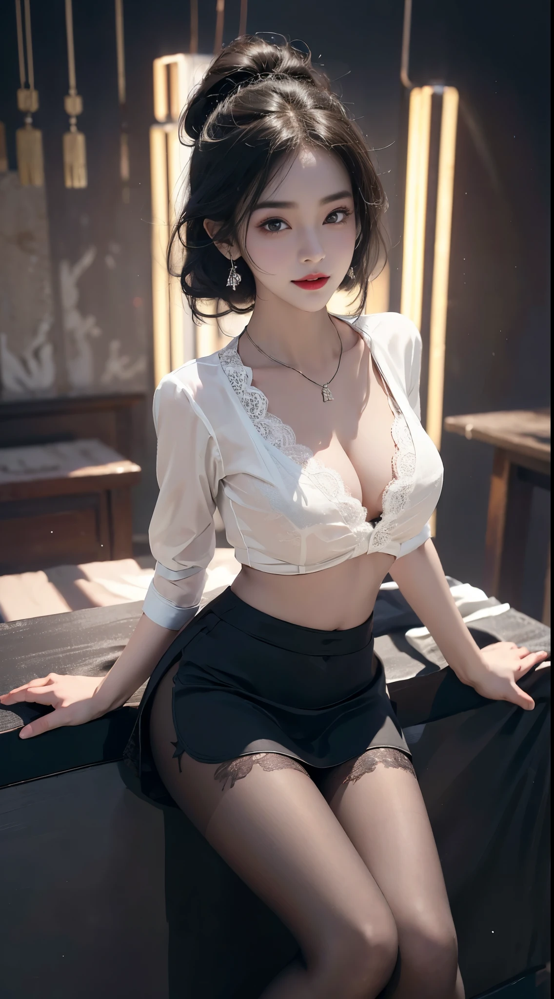 blouse,mini skirt, mini shirt,navel, ((knee shot)), 8k, masterpiece, original photo, best quality, detail:1.2), ((Shoot at random angles)), lifelike, Extremely detailed CG unified 8k wallpapers, depth of field, film light, lens flare, Ray tracing, (extremely beautiful face, beautiful lips, beautiful eyes), intricate detail face, ((ultra detailed skin)) 1 girl, in the darkness, deep shadow, Beautiful Korean girl, kpop idol,(Very slim and slender figure:1.3), A plump chest, (bright smile), (City night, (neon sign), (night), Beautiful Korean girl, white diamond earrings, Diameter bracelet, Dia necklace, pantyhose, clear eyes, walk, (big eyes), ((Lace's))