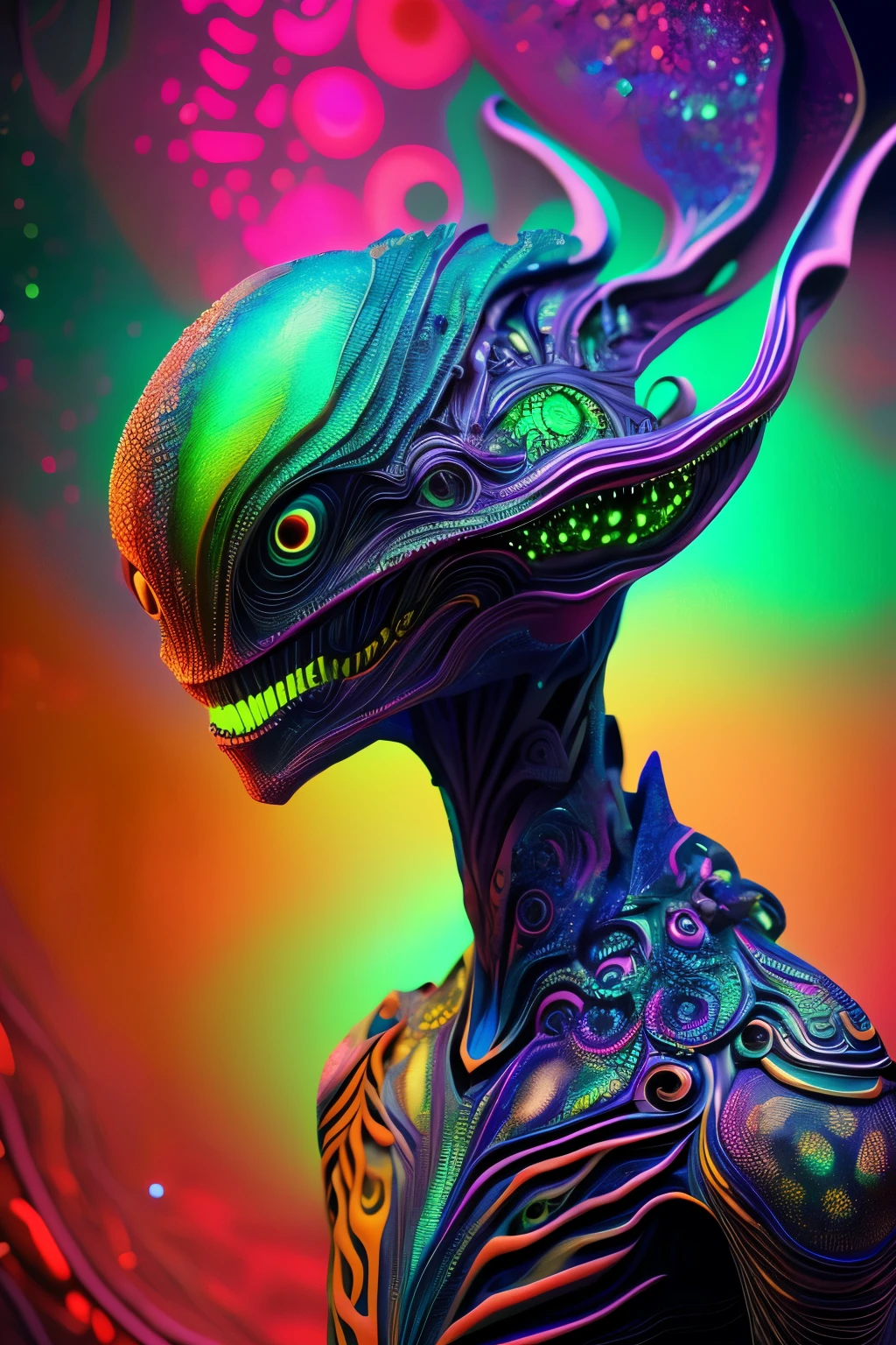 An alien figure, with elongated limbs and large, glowing psychedelic eyes, stands before a swirling, vibrant background of neon colors and intricate patterns. The texture of its skin is highly detailed, with a shimmering, otherworldly quality that seems to change with every angle. Its posture is curious, as it gazes intently at the viewer, its gaze full of mystery and wonder. The image is rendered in stunning psychedelic detail, with each hue and shade carefully crafted to transport the viewer to another realm. With a resolution of 8k and meticulously designed lighting, every groove and undulation on the alien's surface comes alive,