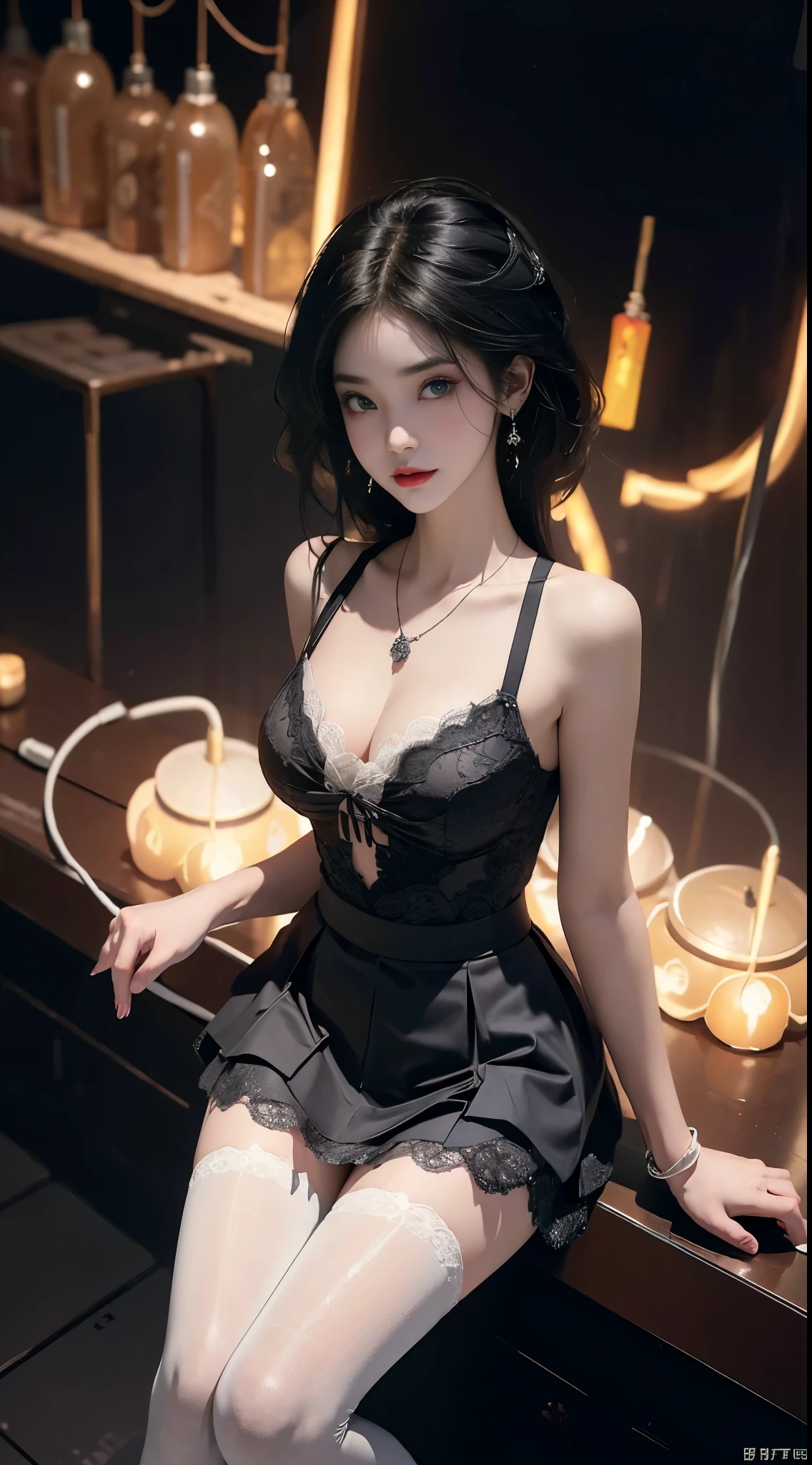 Special clothes52,pleated skirt,necktie,thighhighs, ((knee shot)), 8k, masterpiece, original photo, best quality, detail:1.2), ((Shoot at random angles)), lifelike, Extremely detailed CG unified 8k wallpapers, depth of field, film light, lens flare, Ray tracing, (extremely beautiful face, beautiful lips, beautiful eyes), intricate detail face, ((ultra detailed skin)) 1 girl, in the darkness, deep shadow, Beautiful Korean girl, kpop idol,(Very slim and slender figure:1.3), A plump chest, (bright smile), (City night, (neon sign), (night), Beautiful Korean girl, white diamond earrings, Diameter bracelet, Dia necklace, pantyhose, clear eyes, walk, (big eyes), ((Lace's))