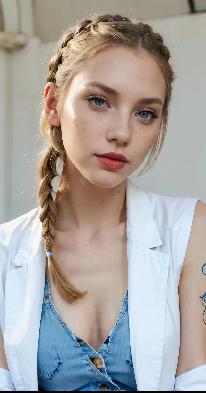 Beautiful skinny girl, elongated face and thin chin, freckles, blonde, blue eyes, red lipstick, beautiful makeup, white skin, tattoo written on the forearm, beautiful patterned top, denim shorts,a beautiful jean coat, white cotton shoes, sexy style , braided hair, eyeliner 