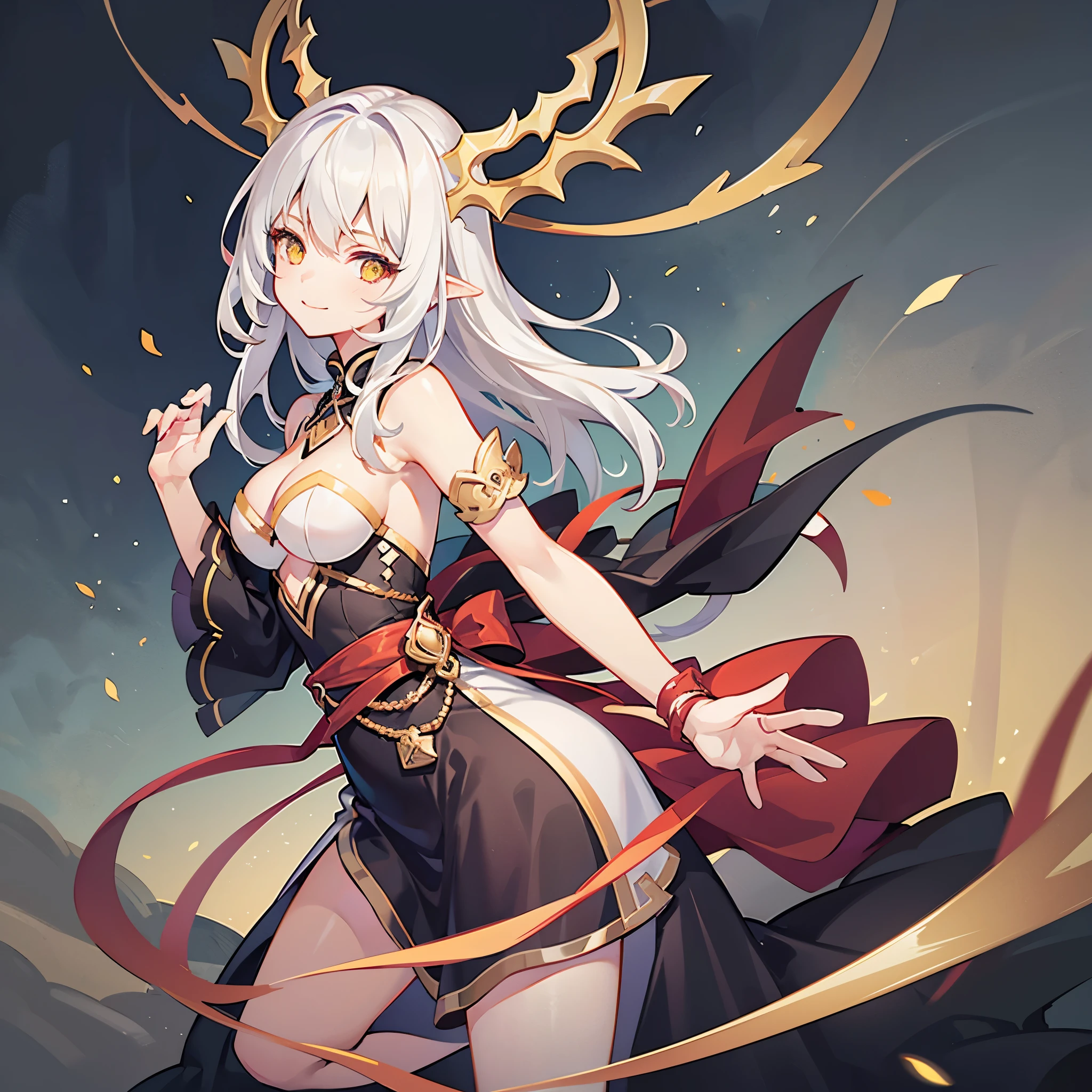 Very delicate and beautiful CG illustrations, best quality, high resolution, Dynamic angle, Full length shot, (1 girl), A beautiful half-human, half-dragon girl with yellow eyes and long, straight white hair.., float, soft light, High-key backlighting) Posing, looking back with a smile