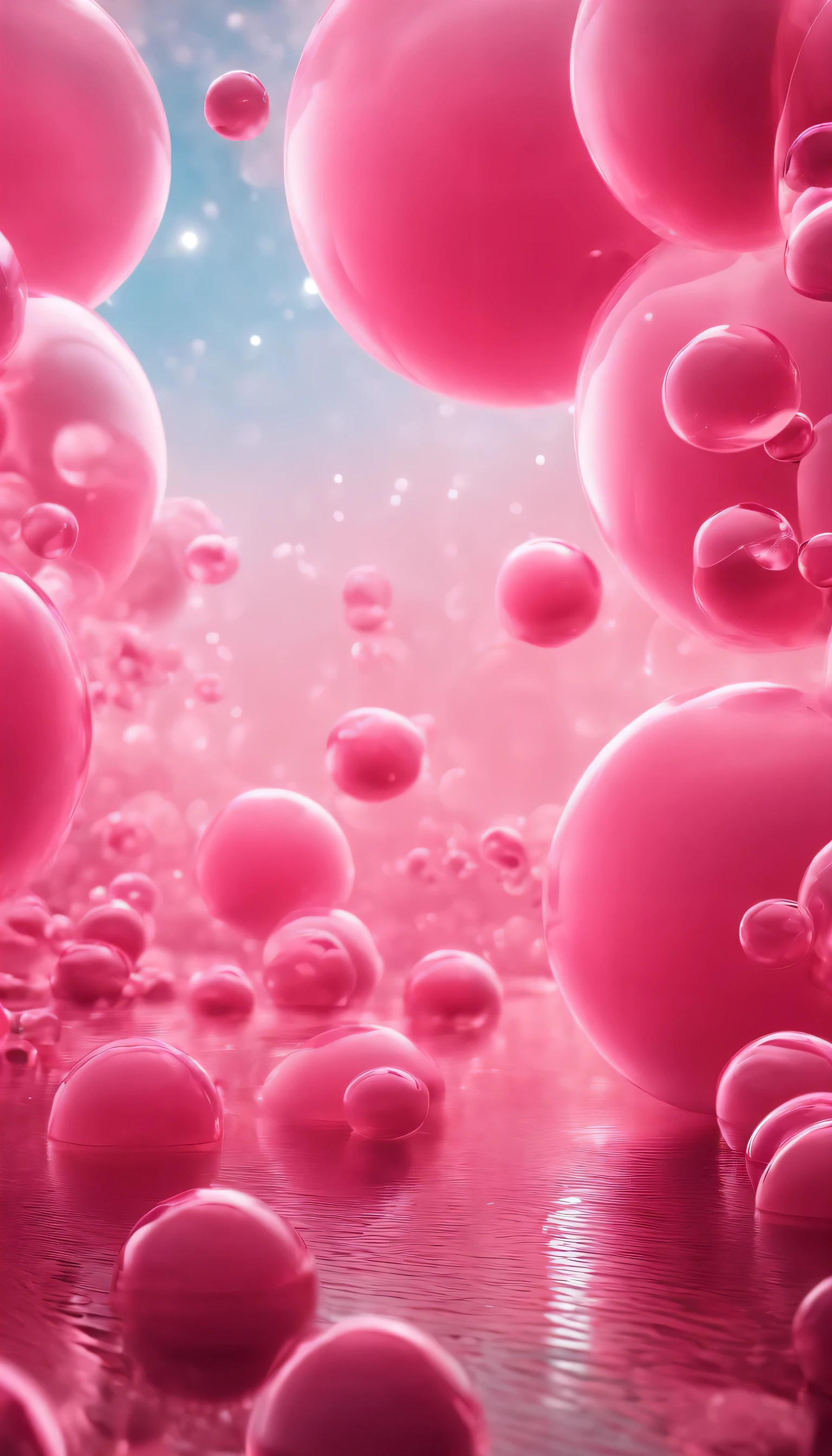 The background of pink bubbles and floating musical notes is ethereal and dreamy,, pastel colors和微妙戏剧性的灯光., neon atmosphere, Dreamy pink,pastel colors,unreal dream,lifelike.