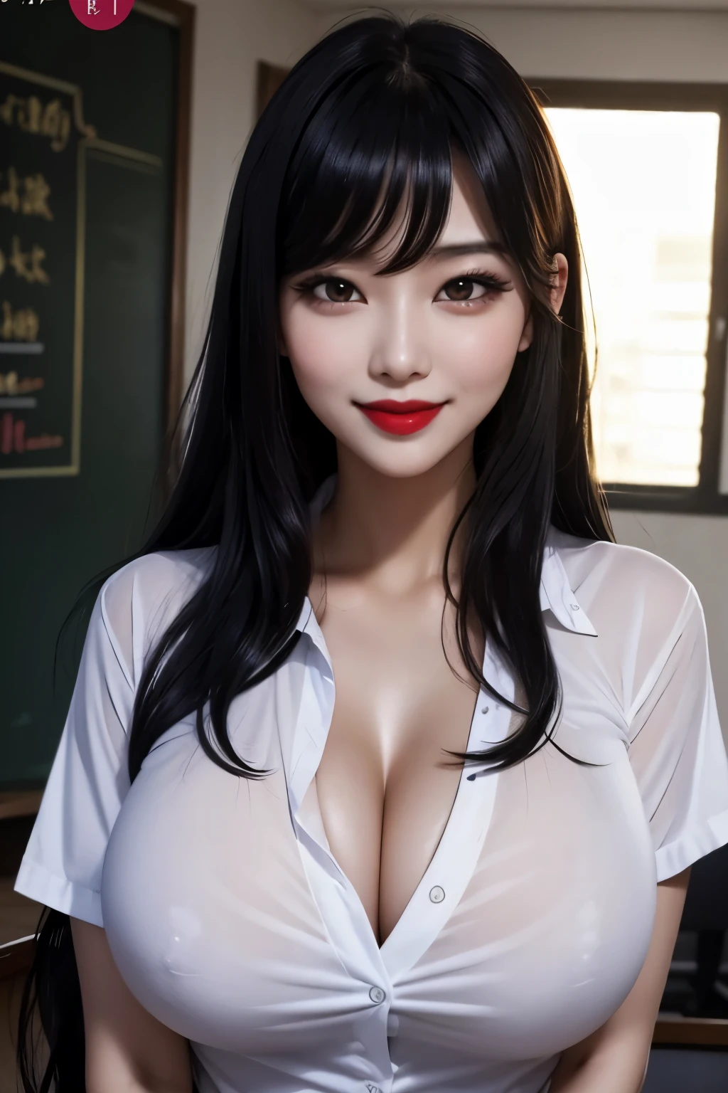 Doomsday Harem,1 girl,long hair,bangs,black hair,painted lips,thick lips,valley,erotic,smile,big breasts,suit,shirt,Teachings,28 years old,Sweat,shiny skin,classroom