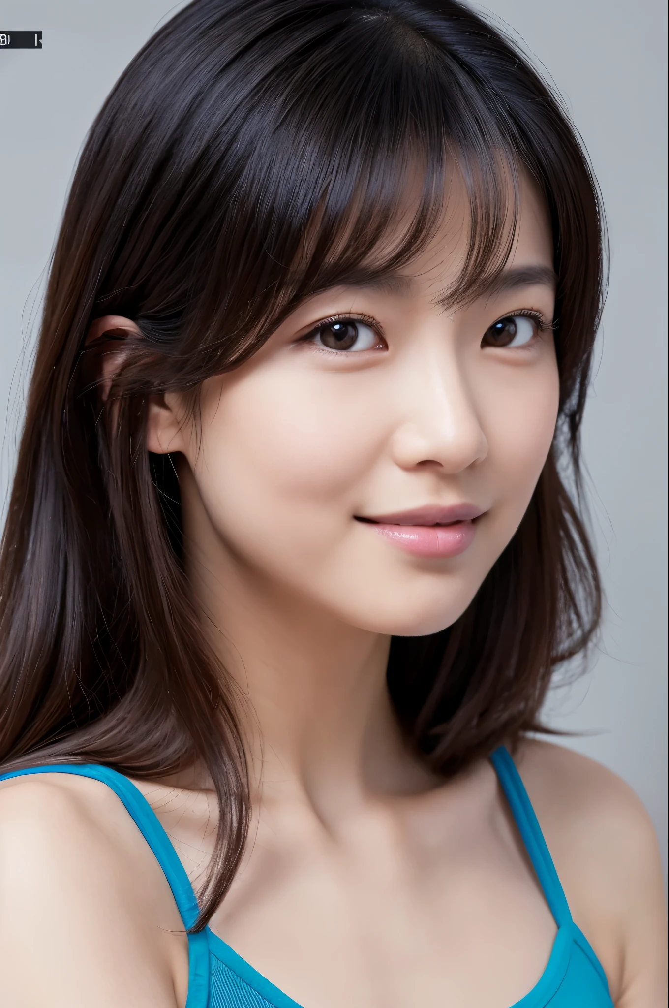 ((Front view)),(Masterpiece:1.3), (8K, Photorealistic, RAW photo, Best quality: 1.4), White background ,Be happy, A Skinny Japanese lady, Show your teeth,(1girl), Beautiful face, (Realistic face), (Black hair, long wavy hair:1.3), Beautiful hairstyle, Realistic eyes, Beautiful detailed eyes, (Realistic skin), Beautiful skin, (blue underware, blue bra), Attractive, Ultra photo realsisim, Highly detailed, Golden ratio