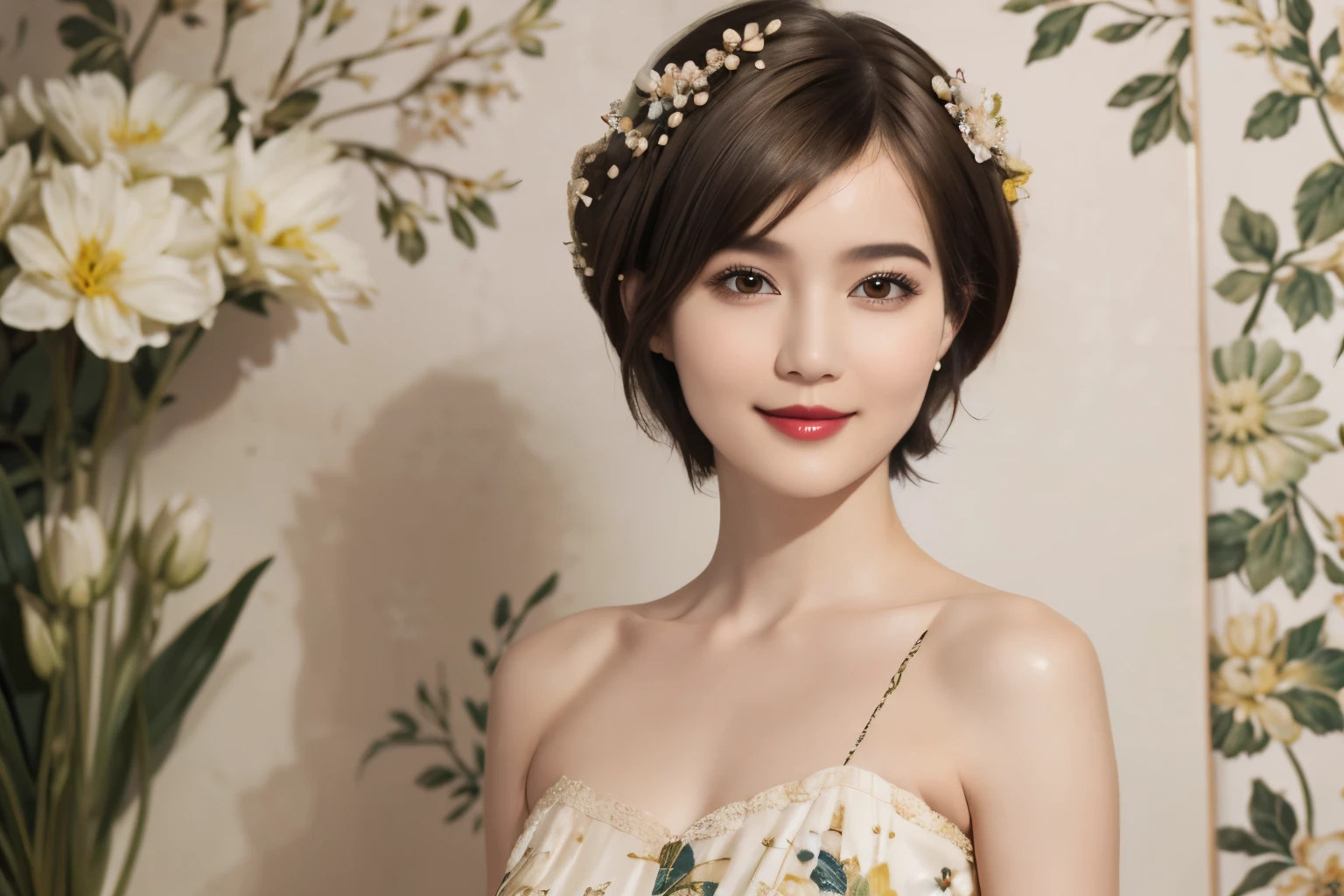 152
(20 year old woman,floral pattern dress), (Super realistic), (high resolution), ((beautiful hairstyle 46)), ((short hair:1.46)), (gentle smile), (brest:1.1), (lipstick)
