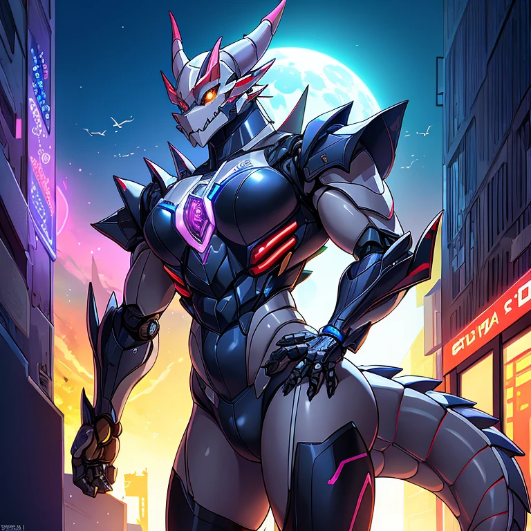 Obra Prima (Dragon Mecha), robot male dragon, estilo anthro, gray metallic body, corpo nu, corpo bem definido, estilo cyberpunk, numa linha de montagem
