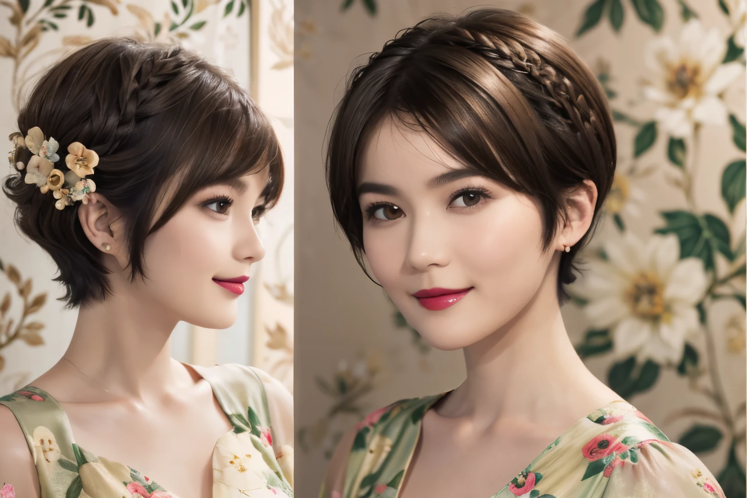 152
(20 year old woman,floral pattern dress), (Super realistic), (high resolution), ((beautiful hairstyle 46)), ((short hair:1.46)), (gentle smile), (brest:1.1), (lipstick)