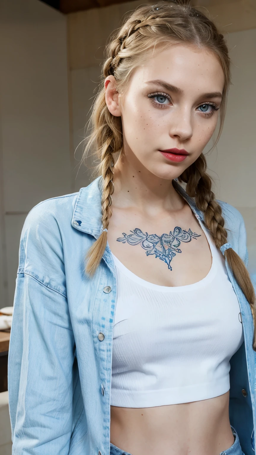 Beautiful skinny girl, elongated face and thin chin, freckles, blonde, blue eyes, red lipstick, beautiful makeup, white skin, tattoo written on the forearm, beautiful patterned top, denim shorts,a beautiful jean coat, white cotton shoes, sexy style , braided hair, eyeliner