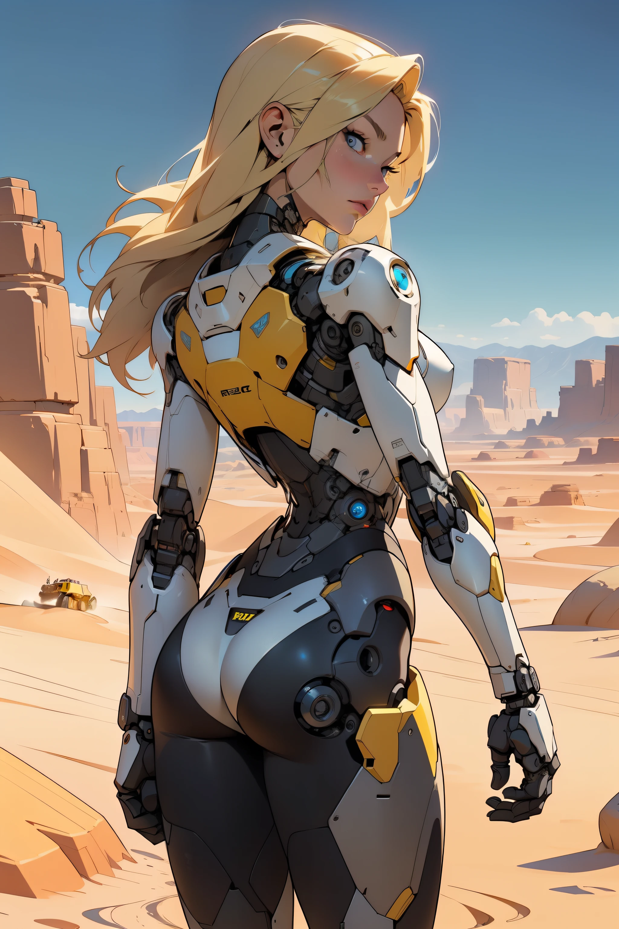high quality, 4k, masterpiece, beautiful, cyborg girl, cowboy shot, dull eyes, back side, turning around to look at viewer, long blonde hair, girl, small breasts, fit thigh, robotic arms, robotic body, cyborg body, yellow accent, redaccent, intricate detail, joint, detailed lines, robotic detail, holding fist up, holding hand up as fist, color robotic parts, robotic parts with color, perfect fingers, on a desert planet, sunny background, colorful desert, a river in the background