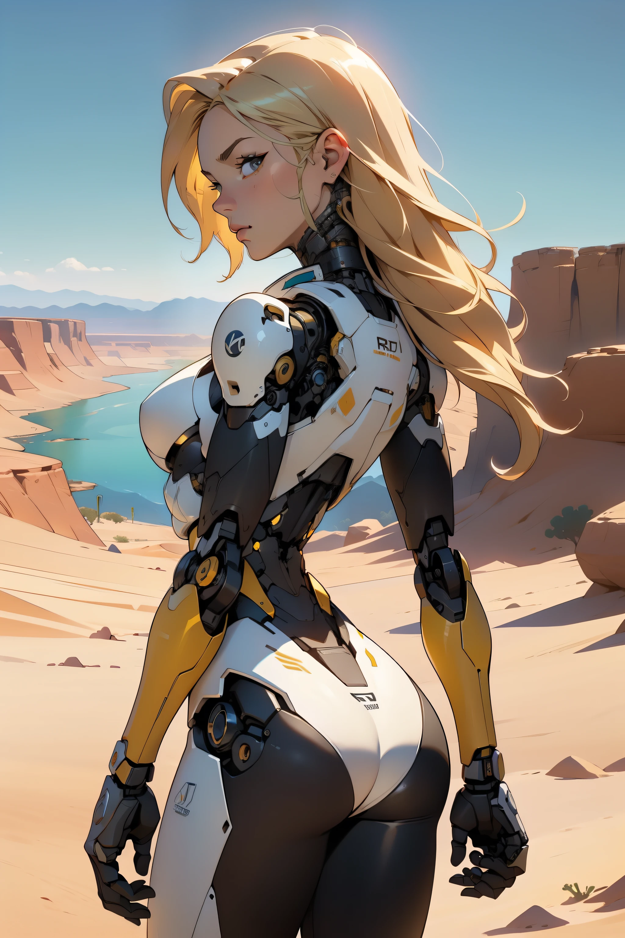 high quality, 4k, masterpiece, beautiful, cyborg girl, cowboy shot, dull eyes, back side, turning around to look at viewer, long blonde hair, girl, small breasts, fit thigh, robotic arms, robotic body, cyborg body, yellow accent, redaccent, intricate detail, joint, detailed lines, robotic detail, holding fist up, holding hand up as fist, color robotic parts, robotic parts with color, perfect fingers, on a desert planet, sunny background, colorful desert, a river in the background