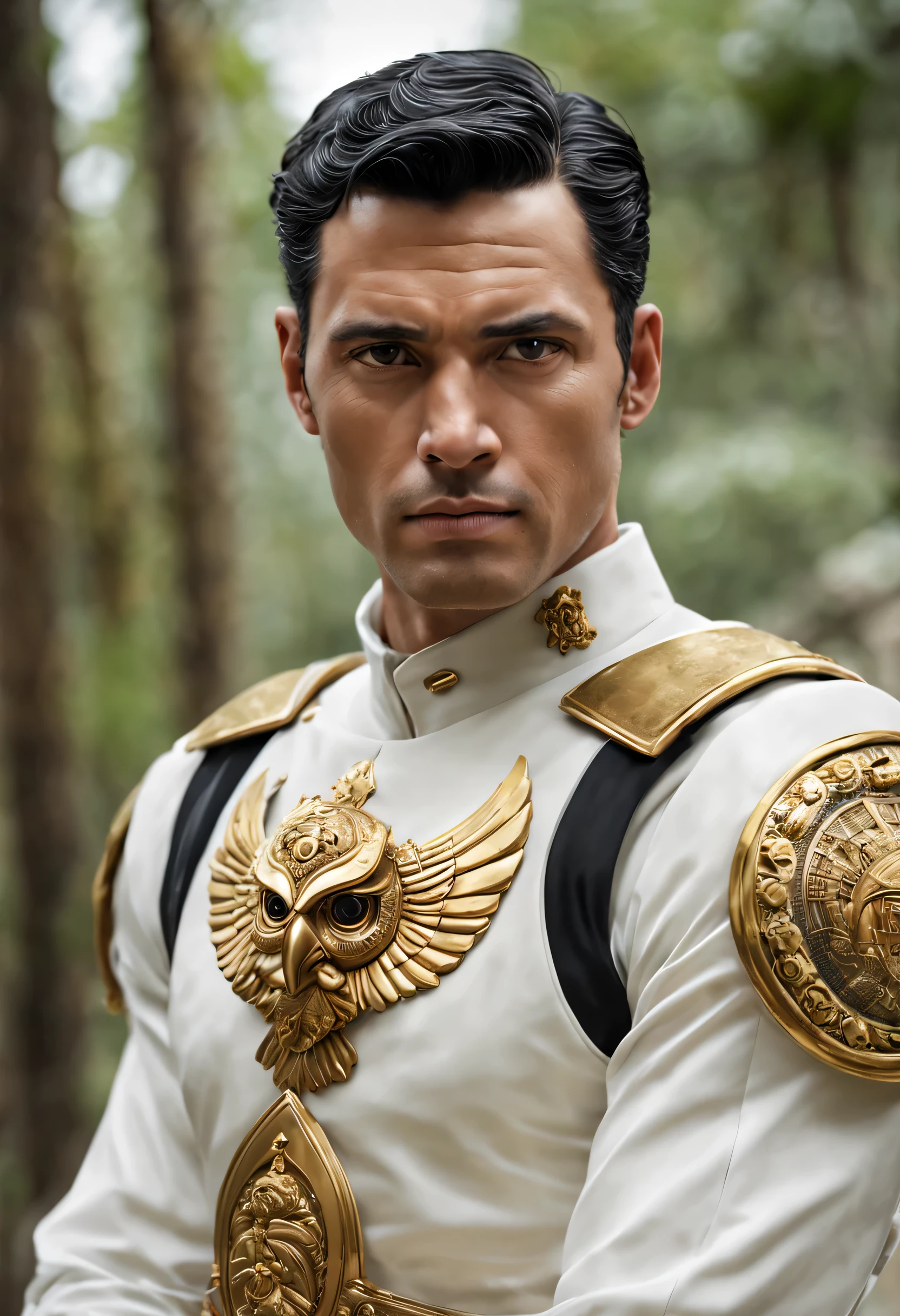 (Higher resolution, distinct_image) A man of the best quality, masterpiece, highly detailed, semi realistic, white man with short black hair, with central hair, 40 years old, young, tall and strong, pure white clothes, white uniforms, military uniforms, military academy, undisciplined, unrestrained, handsome, authoritarian, powerful aura,, angel, fine facial features, facial details, using gold armor and has an owl face on his armor, indonesia emblem