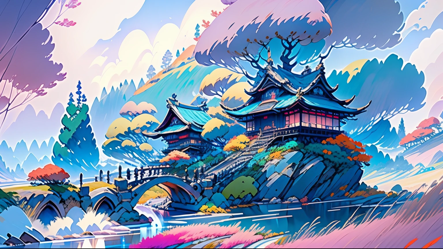Beautiful landscape picture with a bridge, anime scenery concept art, Japanese traditional concept art, anime scenery wallpaper, anime background, anime background art, anime scenery, beautiful anime scenery, Anime beautiful peaceful scene, anime scenery, Detailed Landscape—Width 672, landscape artwork, anime rural scenery, Onmyoji Detailed Art