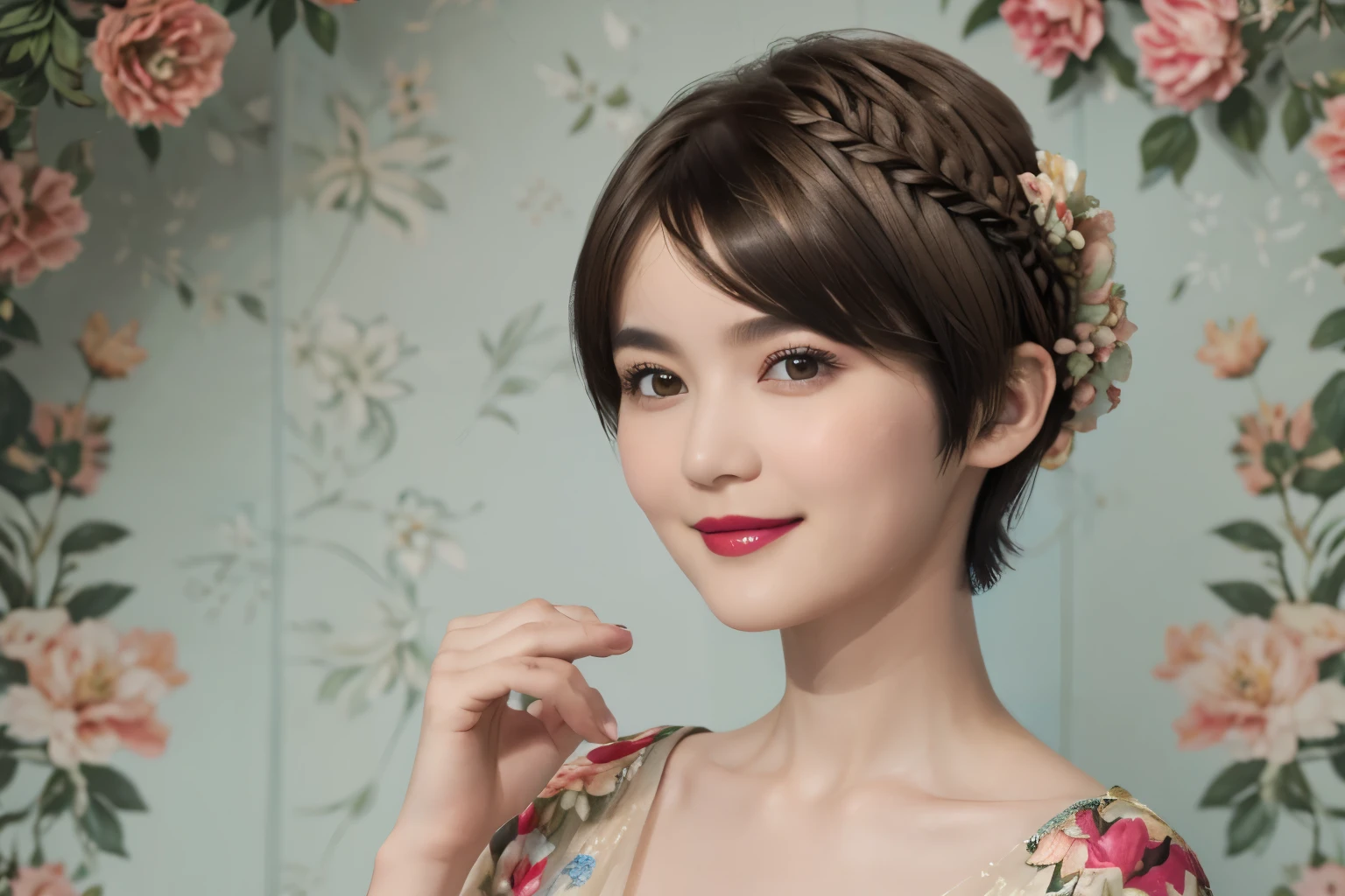 152
(20 year old woman,floral pattern dress), (Super realistic), (high resolution), ((beautiful hairstyle 46)), ((short hair:1.46)), (gentle smile), (brest:1.1), (lipstick)
