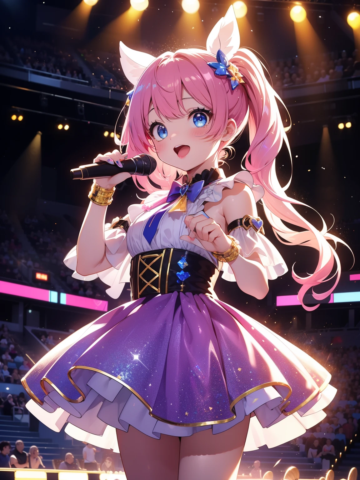 ultra detailed, detailed, best quality, absurdres, 16K, Full-HD, 8K, concert hall, a girl, delightful, hopeful,((Singing loudly and passionately with all my heart)),Idol Pose, looking at viewer, twintail,shiny hair, gradient hair, blue eyes, big eyes, idol, with a microphone, cute face, with fireworks, at night, (in a bright and colorful world), golden ratio, dramatic lighting, studio lighting,stage lights shining、Shining penlights in the audience seats、Exciting live show、(((Sparkling:1.1)))