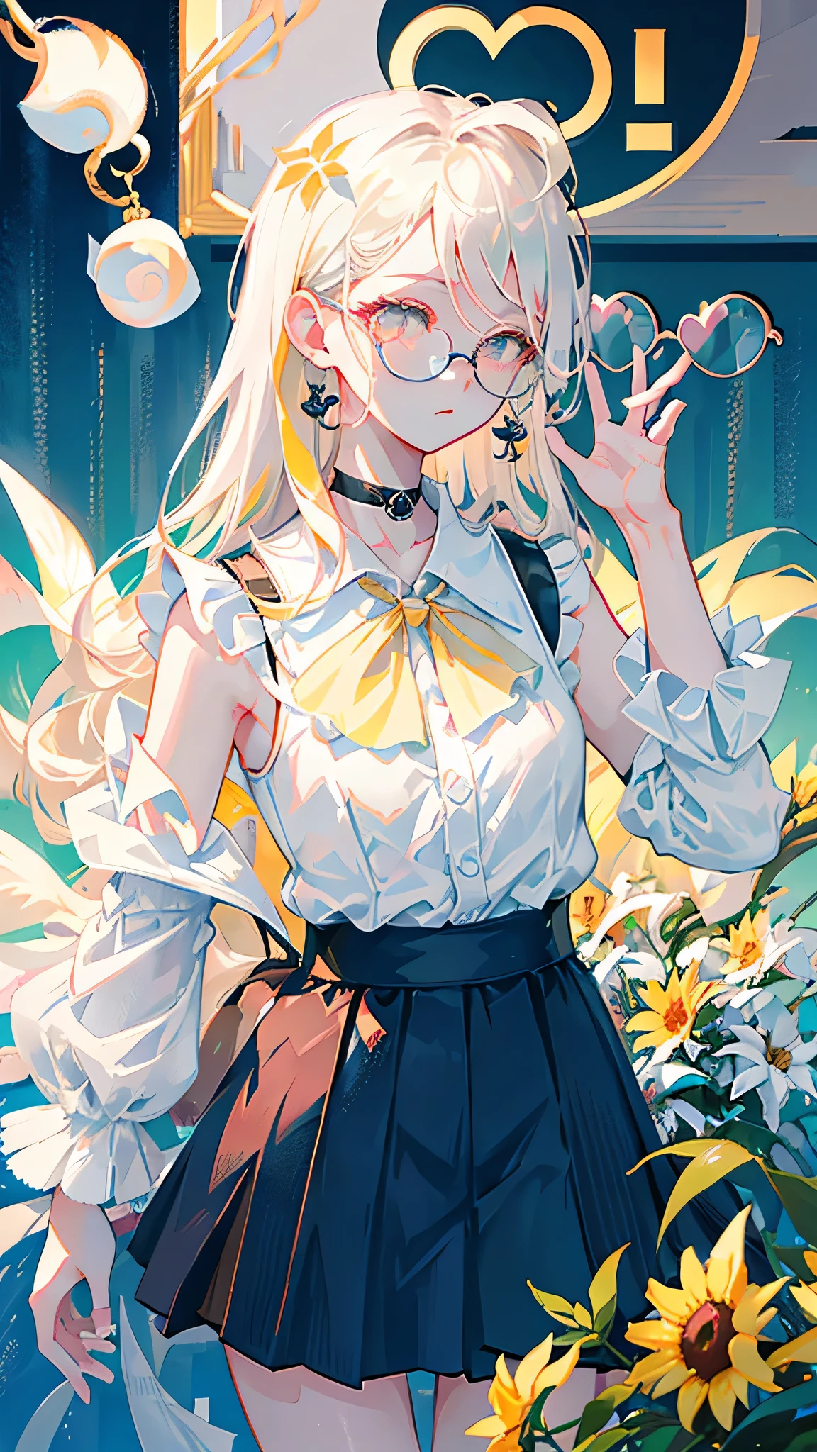 best quality, ultra high res, (photorealistic:1.4), 1woman, sleeveless white button shirt, black skirt, black choker, ((glasses)), (Kpop idol), (aegyo sal:1), (platinum blonde grey hair:1), ((puffy eyes)), looking at viewer, full body, flowers