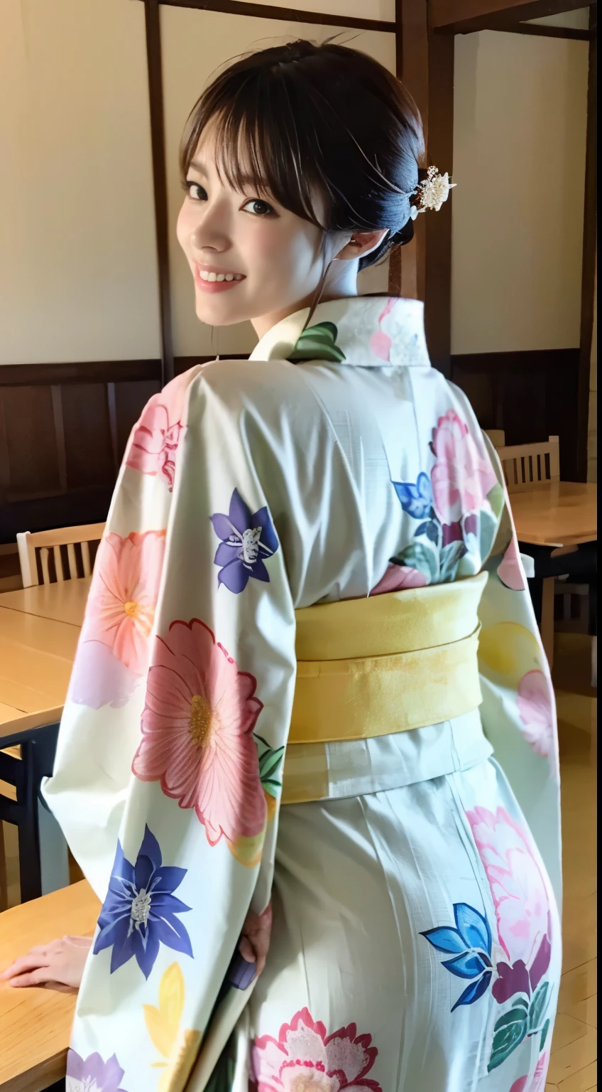 (((The young proprietress of a long-established inn wears traditional Japanese kimono and greets guests with an elegant appearance, smiling as she squats down with her knees together to pick up scraps of paper.))),(((Japanese clothes look good))),(((table top:1.6))),(((Ulzzang-6500))),(((perfect anatomy:1.6))),(((Deep depth of field with Hasselblad))),masterpiece,highest quality,Super high resolution,Highly detailed full body portrait from behind,(photo-realistic:1.4),(((A tall nose and a beautiful face))),(((long limbs like a model))),The fair-skinned nape of the neck is dazzling,(((wearing a beautiful kimono))),