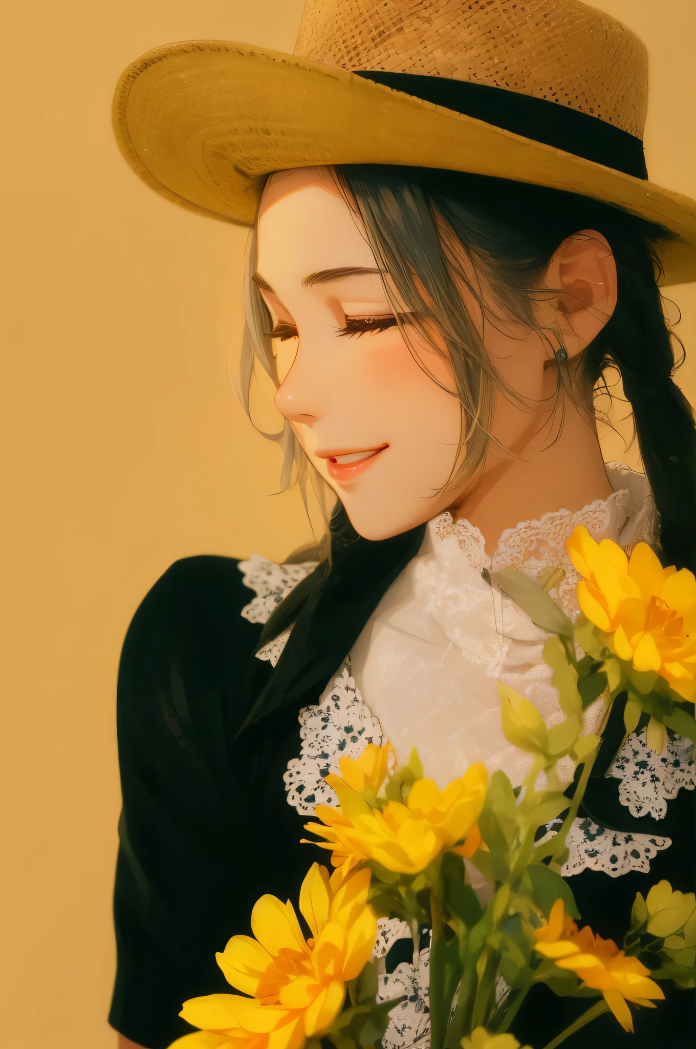 Beautiful girl with long gray hair, white glowing eyes,  There is also a black floral dress with blue and green patterns, masterpiece, studio lights, professional, high resolution, best quality, human development report, Shooting light from the side，Eyes slightly closed，Smile，Smile
