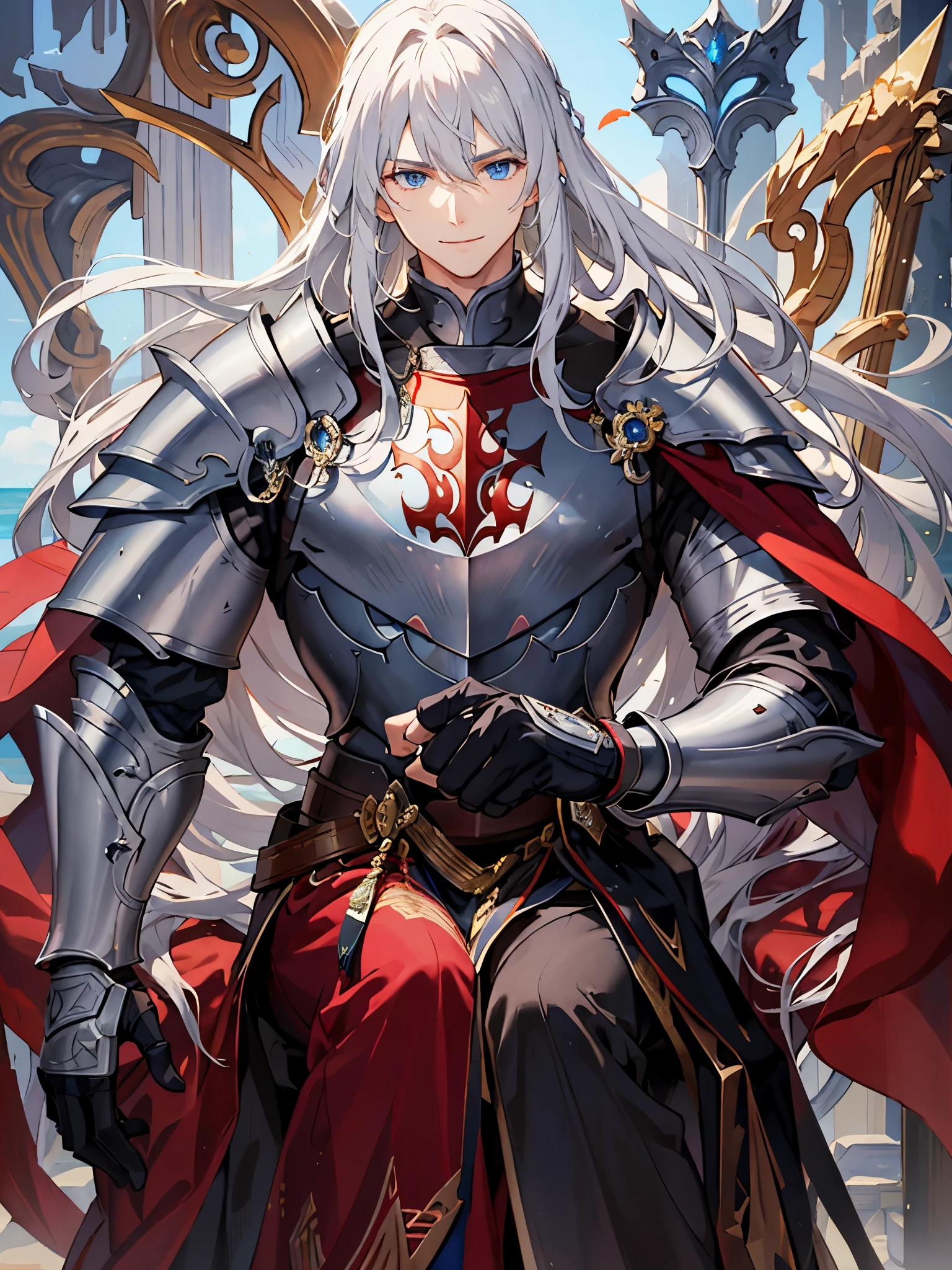 White long hair emperor of fire, fire aura, summer city, manly muscular and athletic body, red and white full plate armor, gentle smile, sitting on a throne, paladin armor, manly face, expressive blue eyes, perfect hands, perfect finger