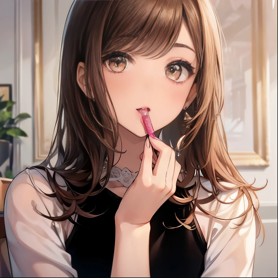 a pretty woman applying makeup brushes to mouth with pink lipstick on lips, 1girl, solo, looking at viewer, brown eyes, brown hair, long hair, earrings