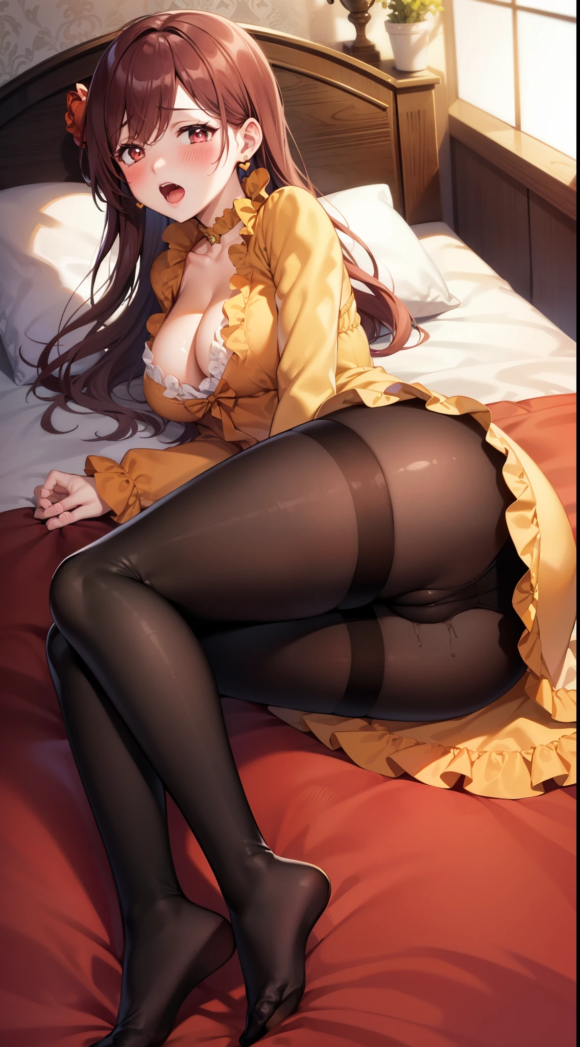 1girl,MaryHunt,hair flower,frilled dress, yellow dress, cleavage, choker, earrings, long sleeves,a dress with long sleeves,half-closed eyes,blush,open mouth,distain,orange hair,best quality ,masterpiece,solo,((ass)),thigh,((legs)),black pantyhose,hand on ass,black panties under the pantyhose,heavy breathing,Puff Sleeve,wet,blush,open mouth,hand between legs,Heart-Shaped Pupils,in the room,on the bed,(masturbation1.5),(roll one's eyes1.5),(O-Face1.5),from below