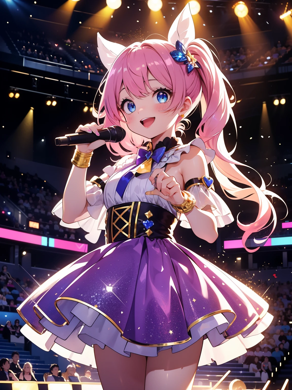 ultra detailed, detailed, best quality, absurdres, 16K, Full-HD, 8K, concert hall, a girl, delightful, hopeful,((He sings loudly and happily with all his heart.,smile)), looking at viewer, twintail,shiny hair, gradient hair, blue eyes, big eyes, idol, with a microphone, cute face, Five fingers,with fireworks, at night, (in a bright and colorful world), golden ratio, dramatic lighting, studio lighting,stage lights shining、Shining penlights in the audience seats、Exciting live show、(((Sparkling:1.1)))