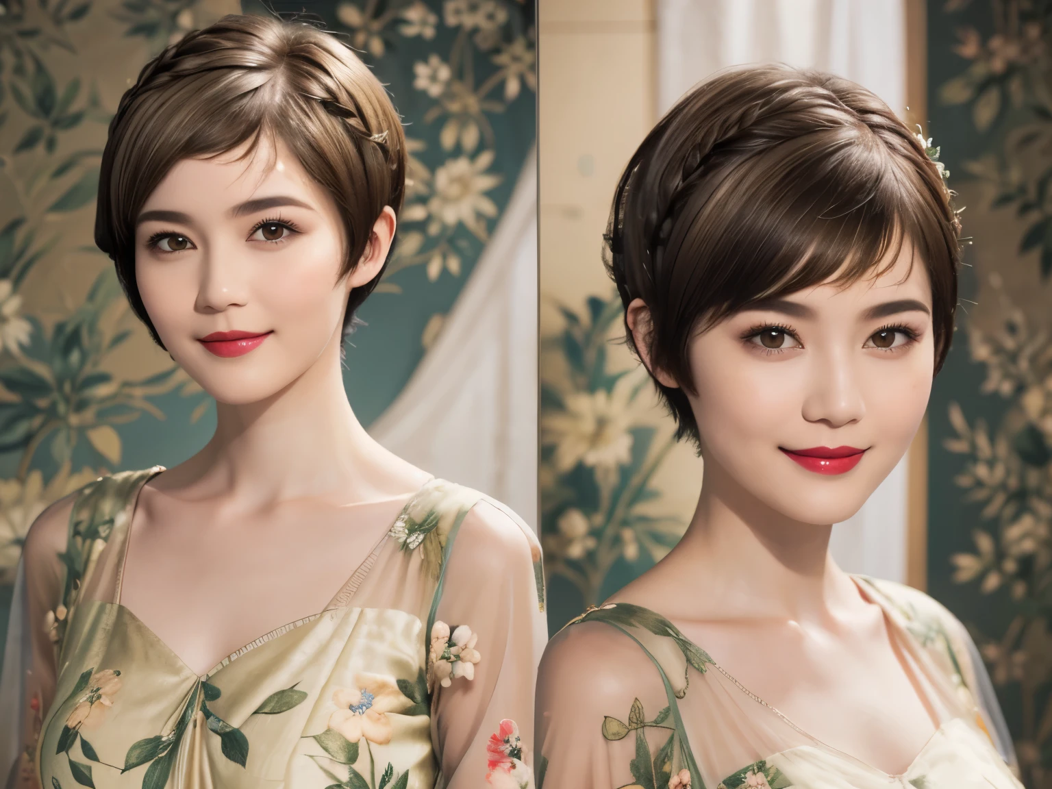 152
(20 year old woman,floral pattern dress), (Super realistic), (high resolution), ((beautiful hairstyle 46)), ((short hair:1.46)), (gentle smile), (brest:1.1), (lipstick)