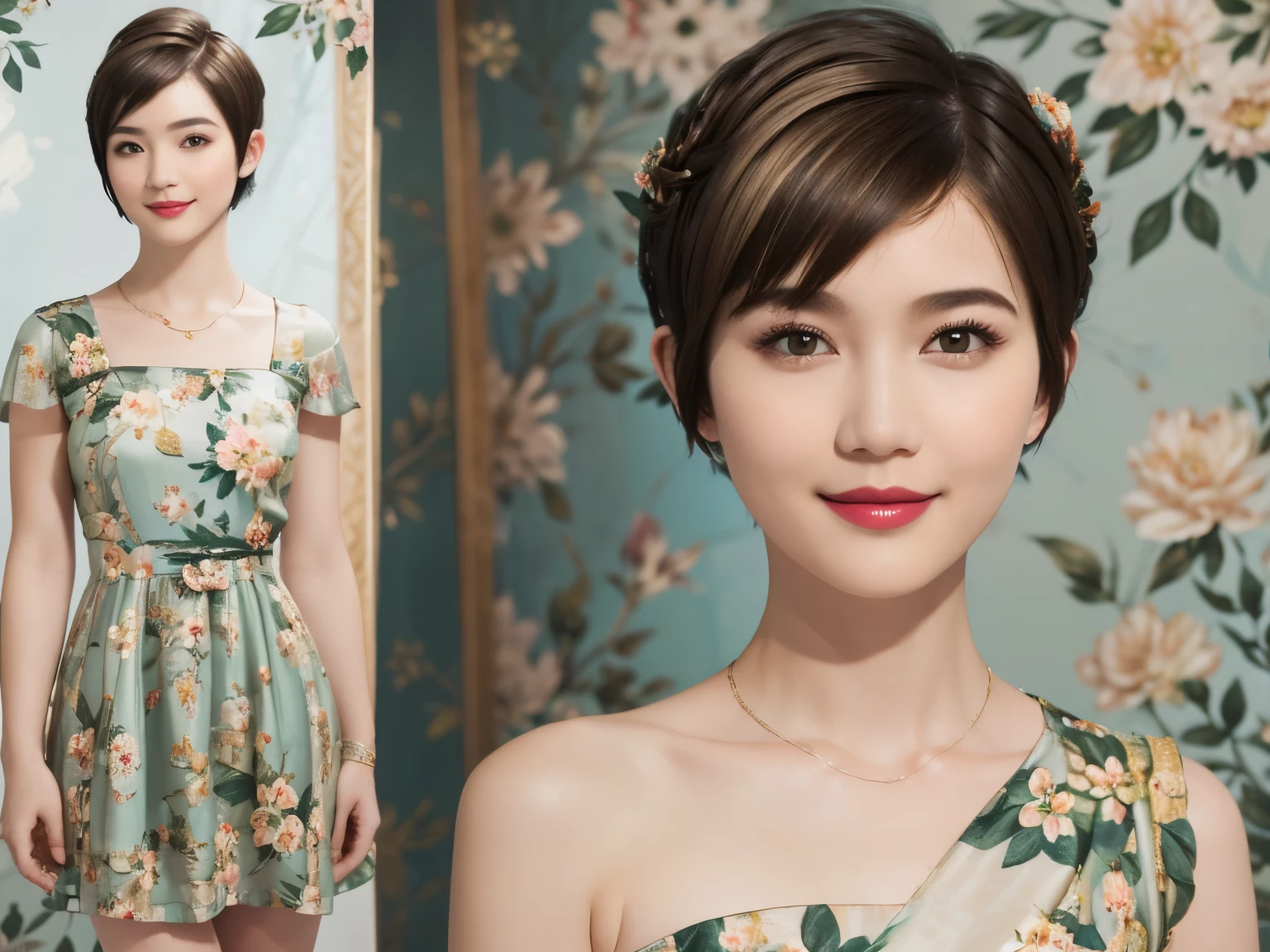 152
(20 year old woman,floral pattern dress), (Super realistic), (high resolution), ((beautiful hairstyle 46)), ((short hair:1.46)), (gentle smile), (brest:1.1), (lipstick)
