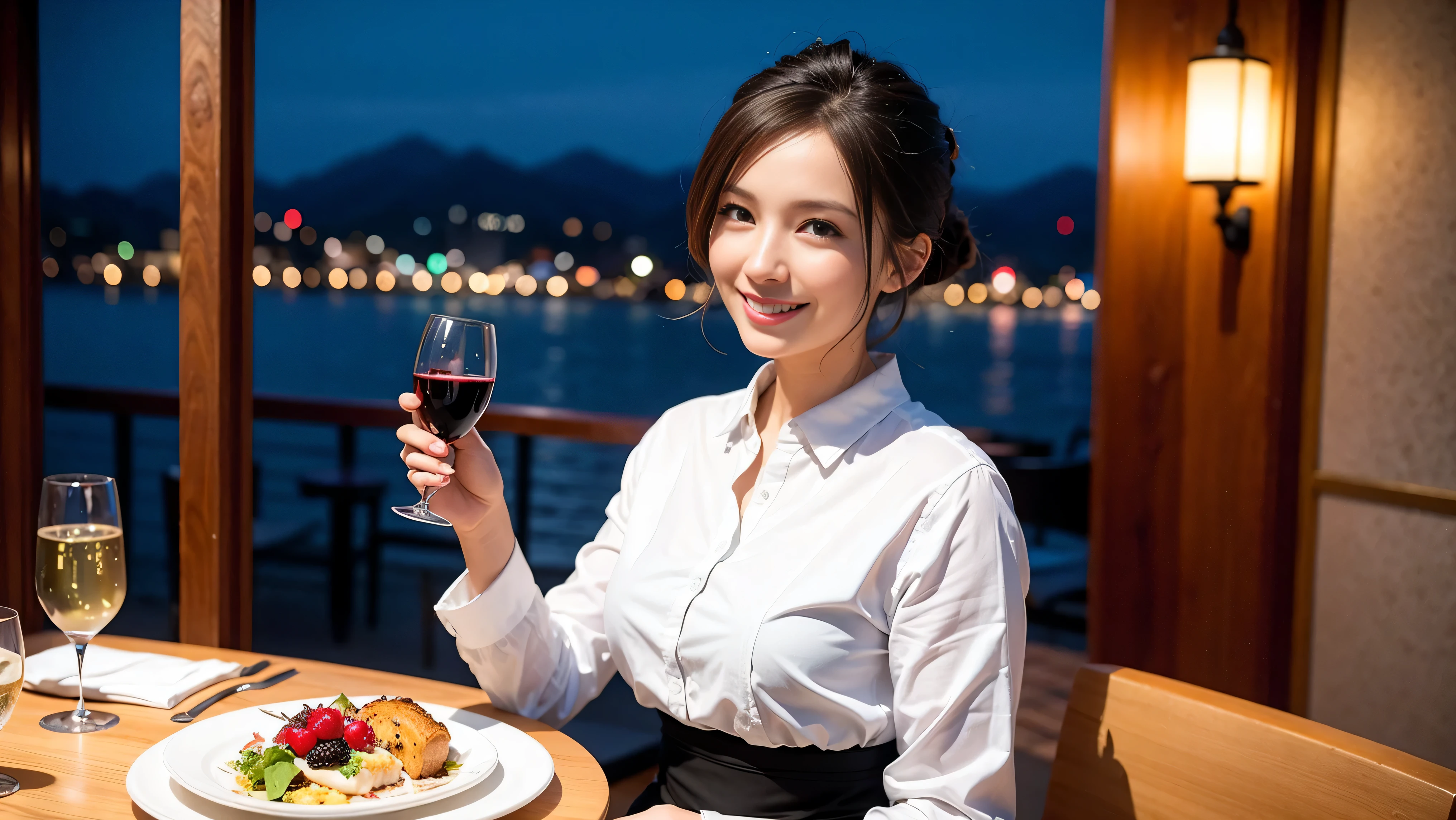 64k, UHD, highest quality, masterpiece: 1.2), (realistic, photorealistic: 1.37), Super detailed, celebration party、party of 5、3 women who love wine、2 males、sparkling glass、Japanese sake、Shochu、champagne、Sparkling wine、winter night、restaurantでワイン宴会、(slimな男女4名),(Wine party for 5 people)、(slimフェイス),Happy、 最高なsmile、Fox Face、Berry Short、(because I'thin), (brown hair), (shortcut), long sleeve shirt、winter fashion、Japanese、Dutch、German、Portuguese、Belgian、Italian、french, (gush), (slimボティ), (brown hair), (shortcut), Neat beauty、cheeks blush a little, (36 years old), 38 years old, alone, A beautiful and detailed night view spreads out outside the window..., restaurant, wine glassが座っている, At night, in a prominent place (from the Upper body) nova frog style, actress, model, Upper body, White wine, slim, wine glass, very beautiful night view, wine glass Put in the Middle, Happy smile, (smile: 1.15),