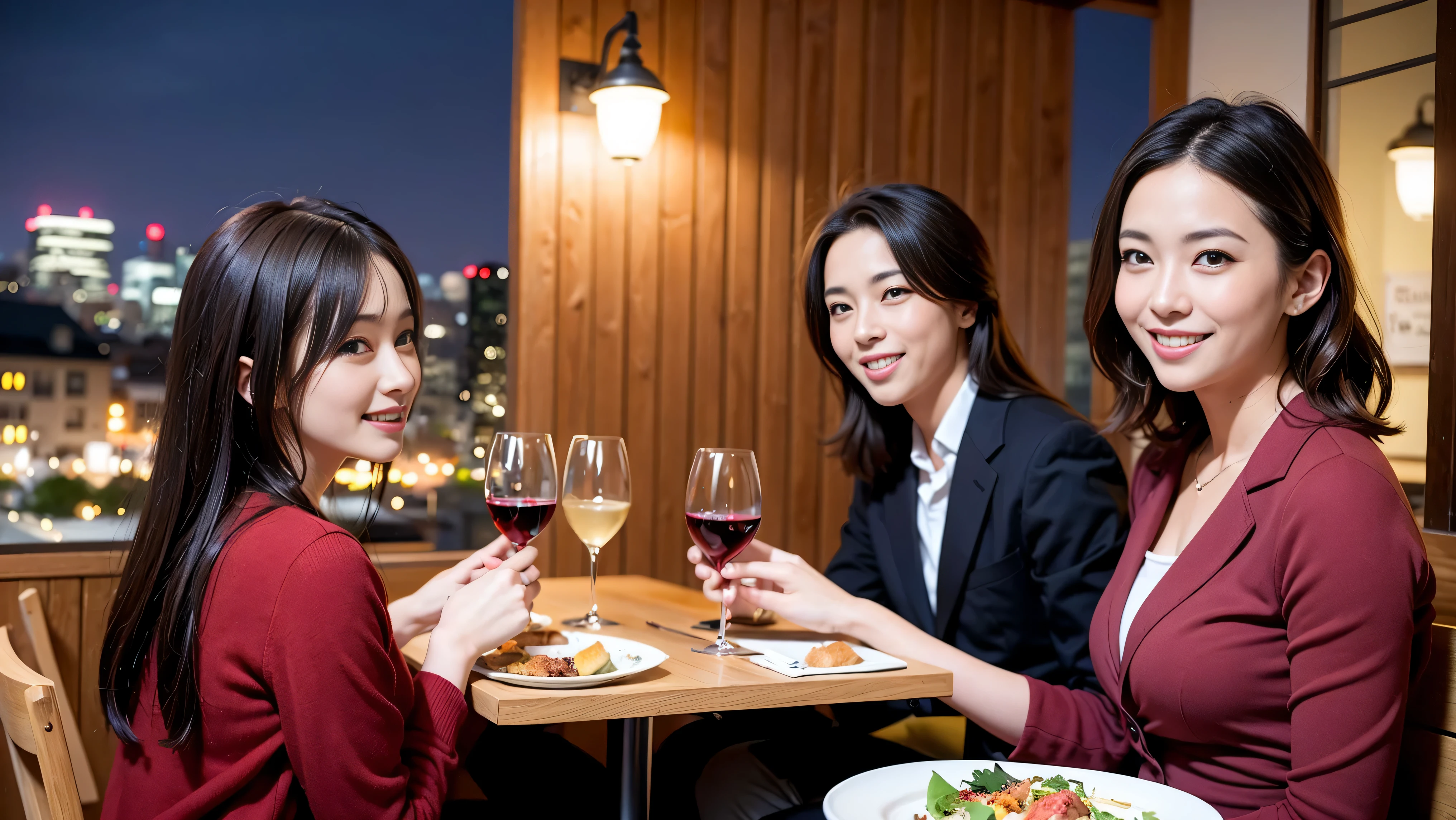 64k, UHD, highest quality, masterpiece: 1.2), (realistic, photorealistic: 1.37), Super detailed, celebration party、party of 5、3 women who love wine、2 males、sparkling glass、Japanese sake、Shochu、champagne、Sparkling wine、winter night、restaurantでワイン宴会、(slimな男女4名),(Wine party for 5 people)、(slimフェイス),Happy、 最高なsmile、Fox Face、Berry Short、(because I'thin), (brown hair), (shortcut), long sleeve shirt、winter fashion、Japanese、Dutch、German、Portuguese、Belgian、Italian、french, (gush), (slimボティ), (brown hair), (shortcut), Neat beauty、cheeks blush a little, (36 years old), 38 years old, alone, A beautiful and detailed night view spreads out outside the window..., restaurant, wine glassが座っている, At night, in a prominent place (from the Upper body) nova frog style, actress, model, Upper body, White wine, slim, wine glass, very beautiful night view, wine glass Put in the Middle, Happy smile, (smile: 1.15),