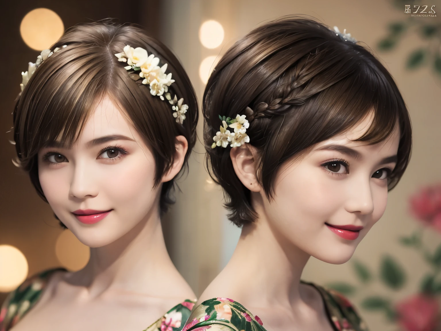 152
(20 year old woman,floral pattern dress), (Super realistic), (high resolution), ((beautiful hairstyle 46)), ((short hair:1.46)), (gentle smile), (brest:1.1), (lipstick)