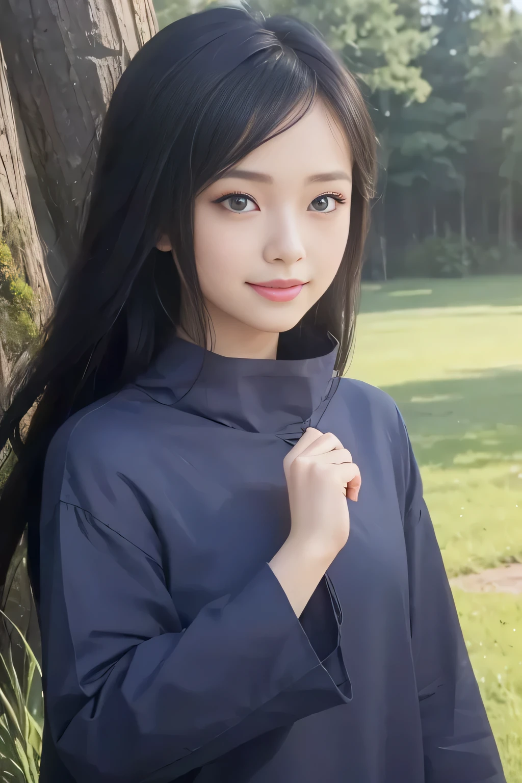 masterpiece, best quality, (realistic,photo-realistic:1.4), (RAW photo:1.2), extremely detailed CG unity 8k wallpaper, delicate and beautiful, amazing,finely detail, official art, absurdres, incredibly absurdres, huge filesize, ultra-detailed,extremely detailed eyes and face,light on face,(little smile:1.2),(balack hair:1.4),long hair,(wearing deep blue clothes:1.4),(nature background:1.4)