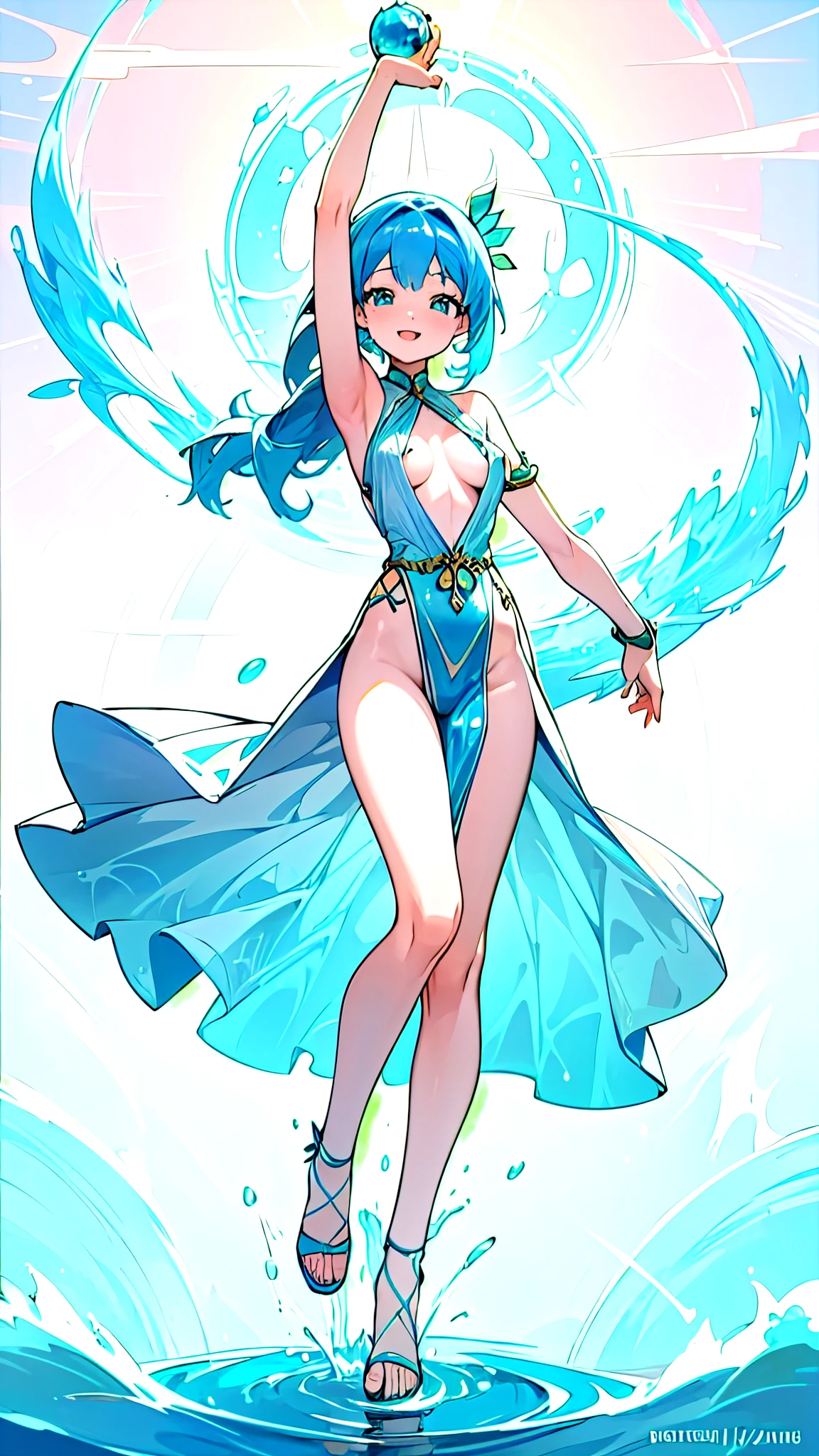 Water Goddes, clothes out of water, nsfw, slightly visible nipple and vagina, water spashing, blue hair, smiling happy, playfull pose, full body, fit body, medium breats