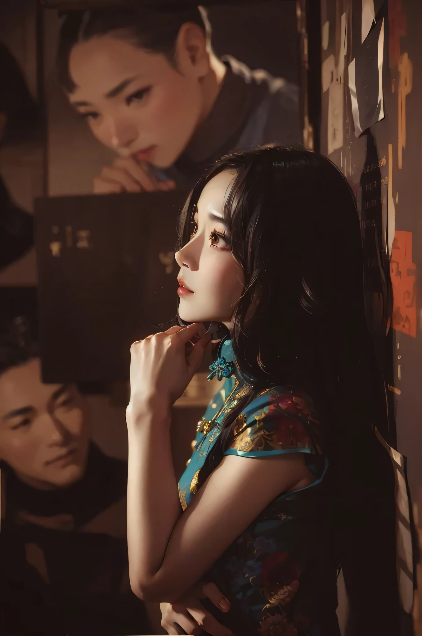 Arafad woman in blue dress leaning against wall，There is a set of photos behind you, inspired by Qian Xuan, Cover Photo Cuckoo Portrait, Inspired by Huang Ji, chinese woman, Inspired by Chen Yifei, Chinese girl, Inspired by ancient coins, inspired by Zhang Shuqi, inspired by Gu Zhengyi, Inspired by Xie He